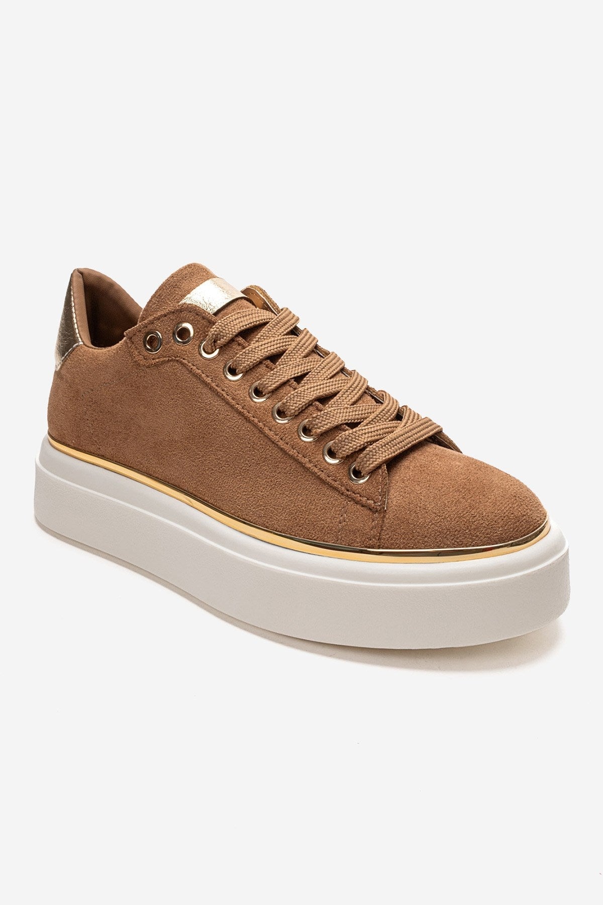 BORENA - Cognac Platform Sneaker – detail view showing leather, suede, Vowalisse