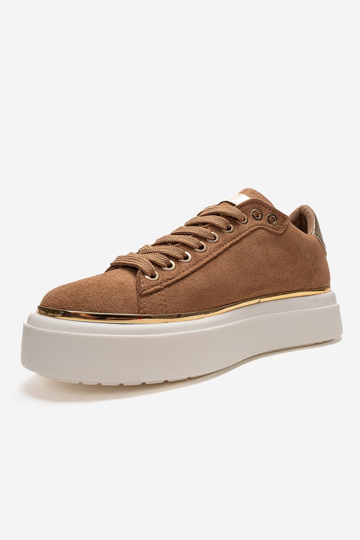 BORENA - Cognac Platform Sneaker – top view showing leather, suede, Vowalisse
