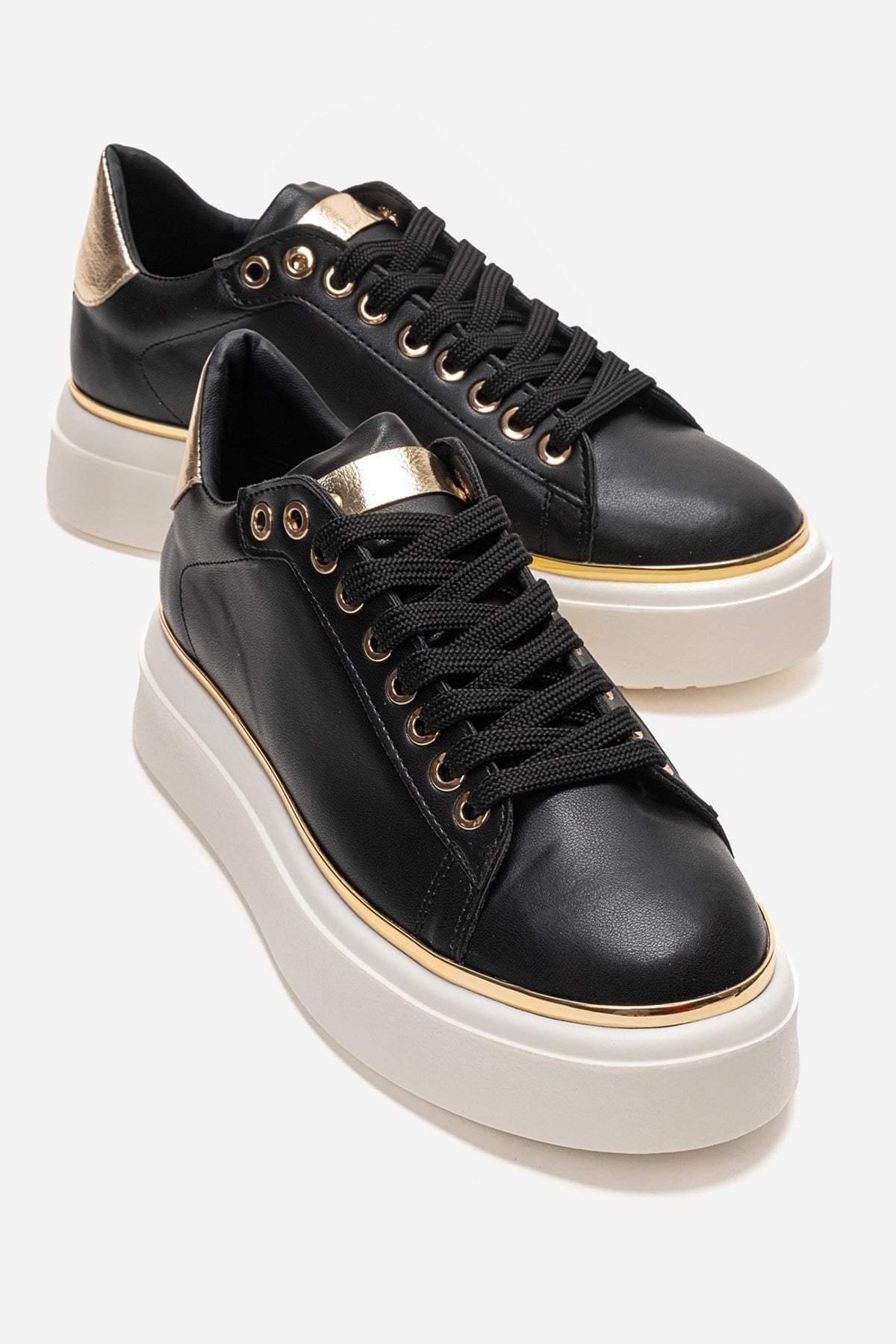 BORENA - Black Platform Sneaker – front three-quarter view showing leather, black, Vowalisse