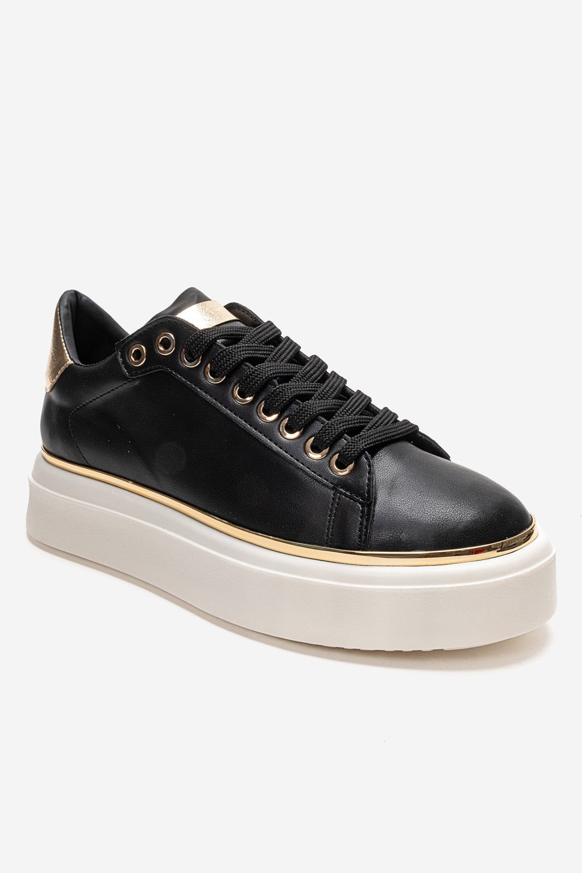 BORENA - Black Platform Sneaker – detail view showing leather, black, Vowalisse