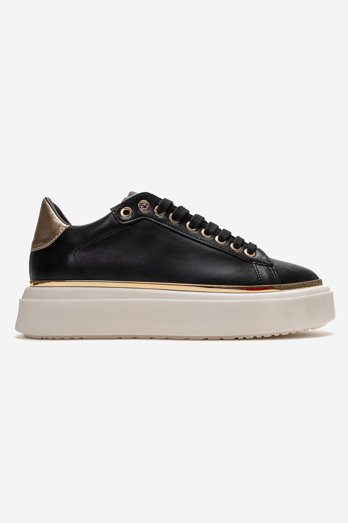 BORENA - Black Platform Sneaker – heel view showing leather, black, Vowalisse