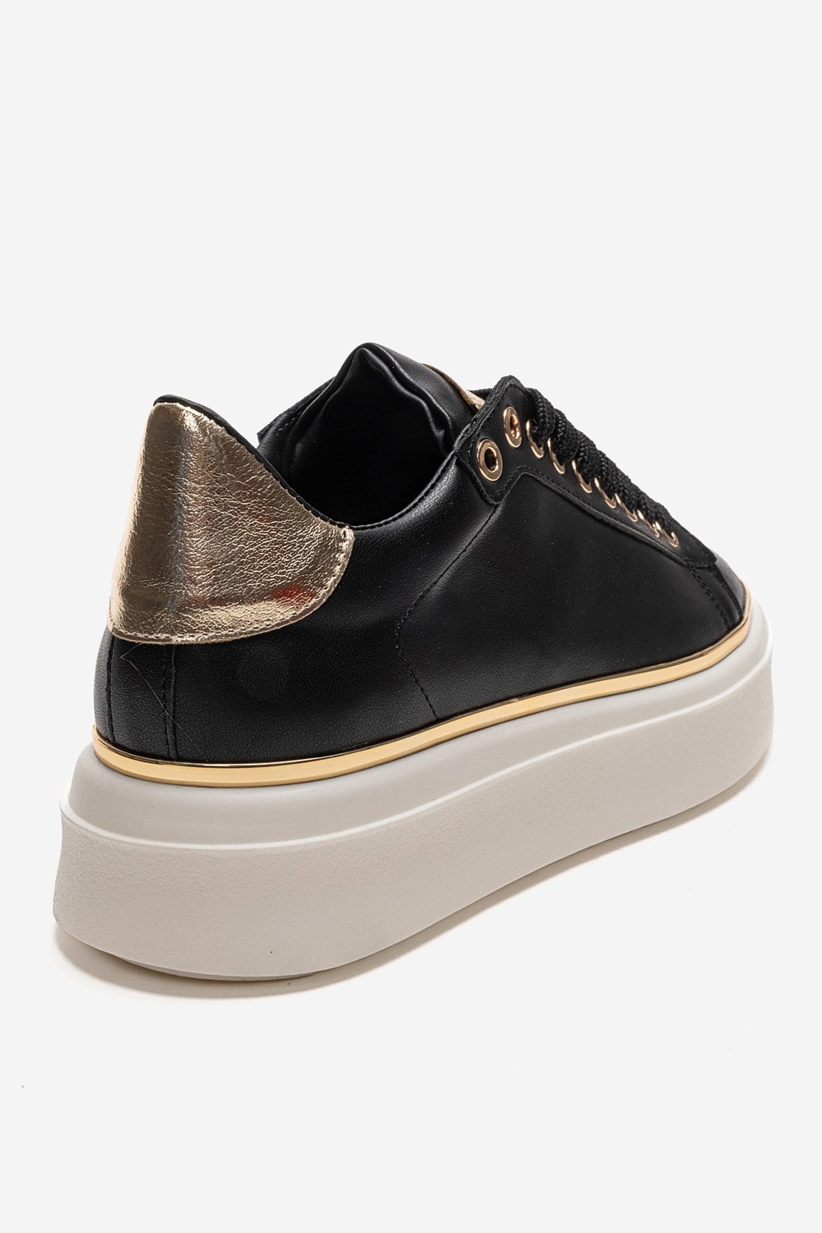 BORENA - Black Platform Sneaker – back view showing leather, black, Vowalisse