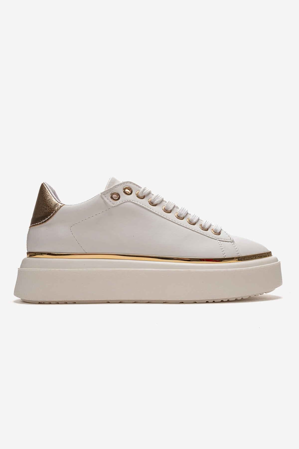 BORENA - White Platform Sneaker – heel view showing leather, white, Vowalisse