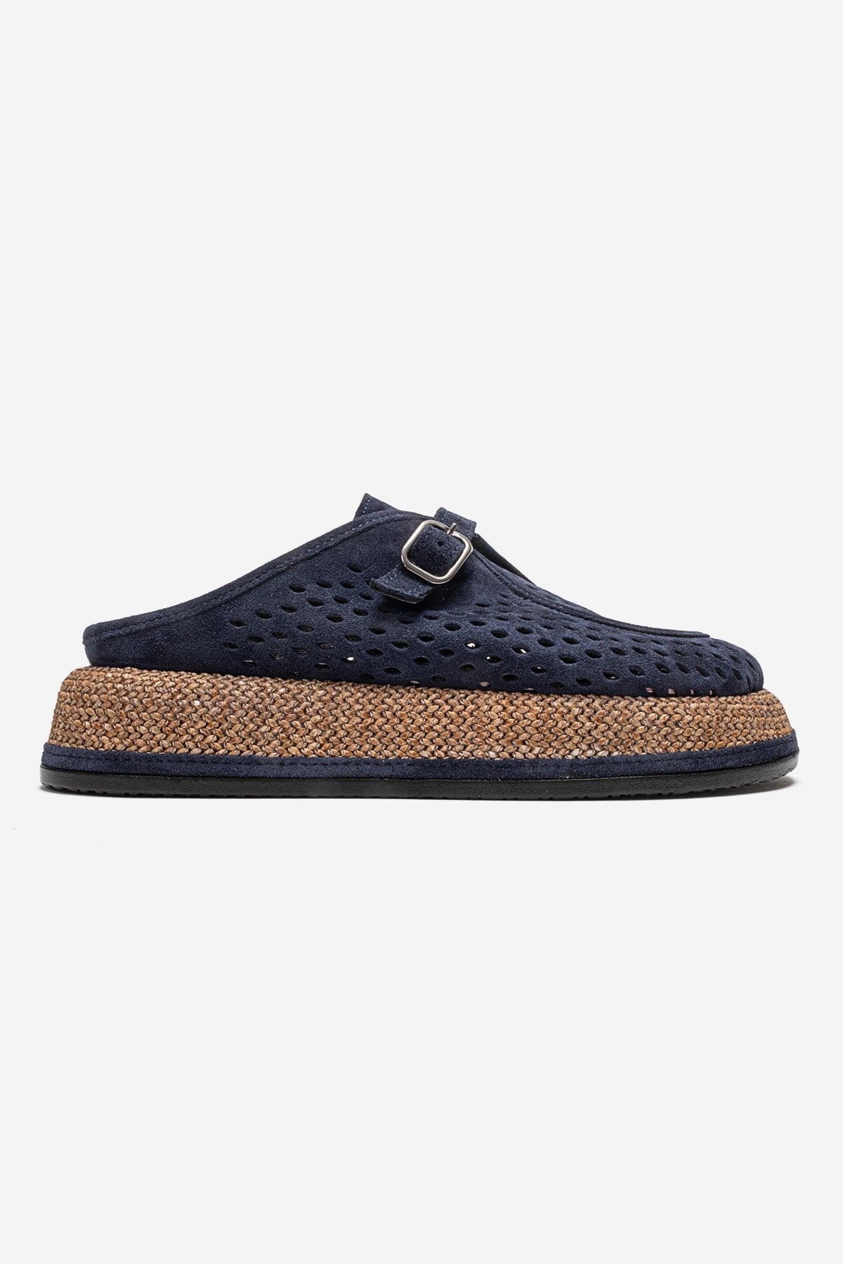 VONE - Navy Genuine Leather Closed-Toe Mule – heel view showing leather, suede, Vowalisse