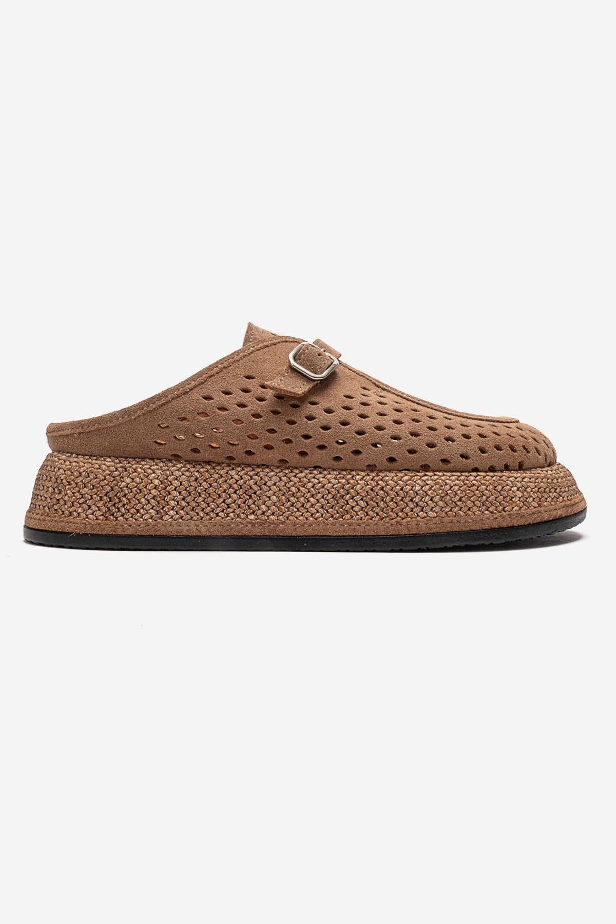 VONE - Taupe Genuine Leather Closed-Toe Mule – heel view showing leather, suede, Vowalisse