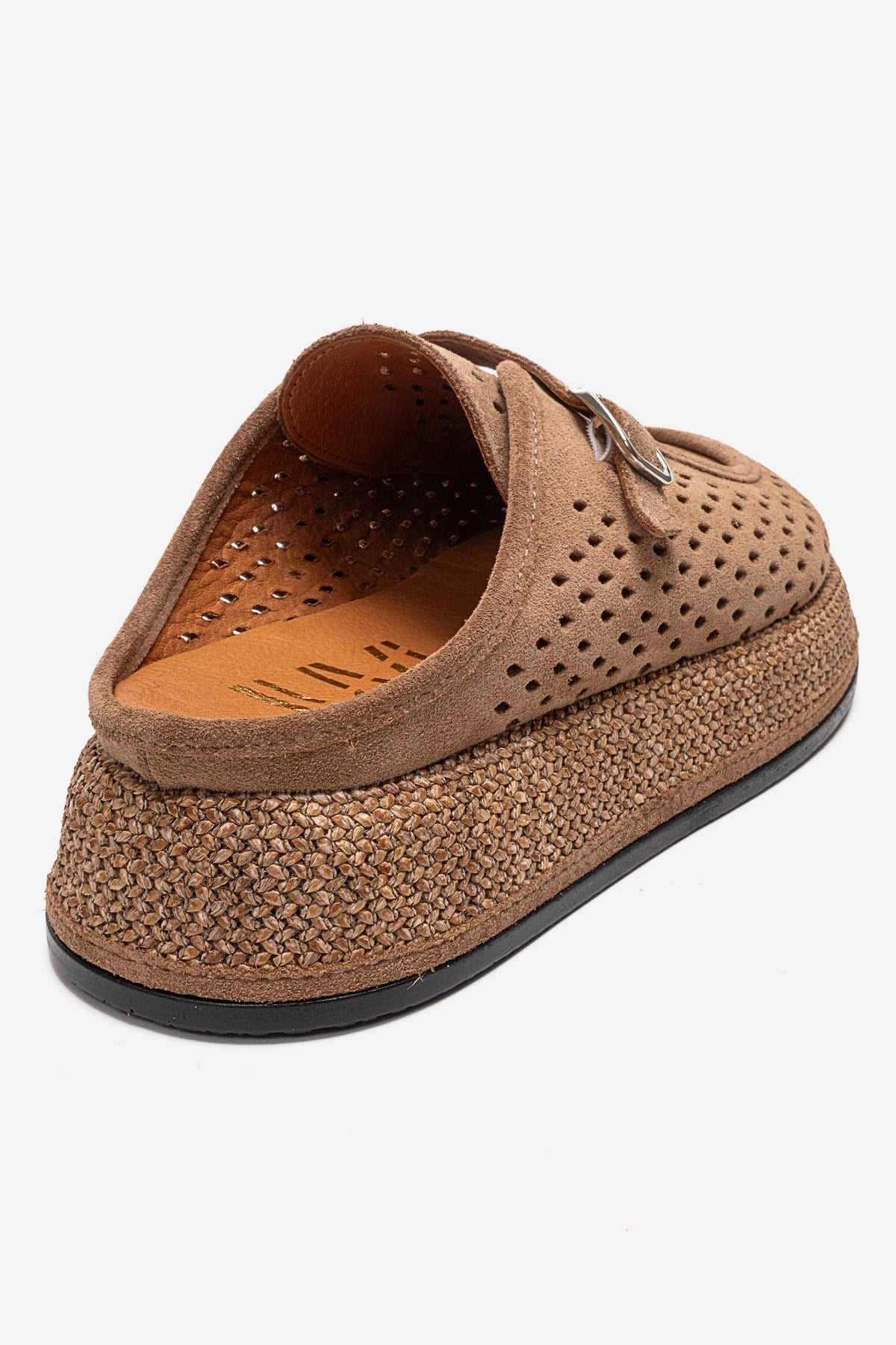 VONE - Taupe Genuine Leather Closed-Toe Mule – back view showing leather, suede, Vowalisse
