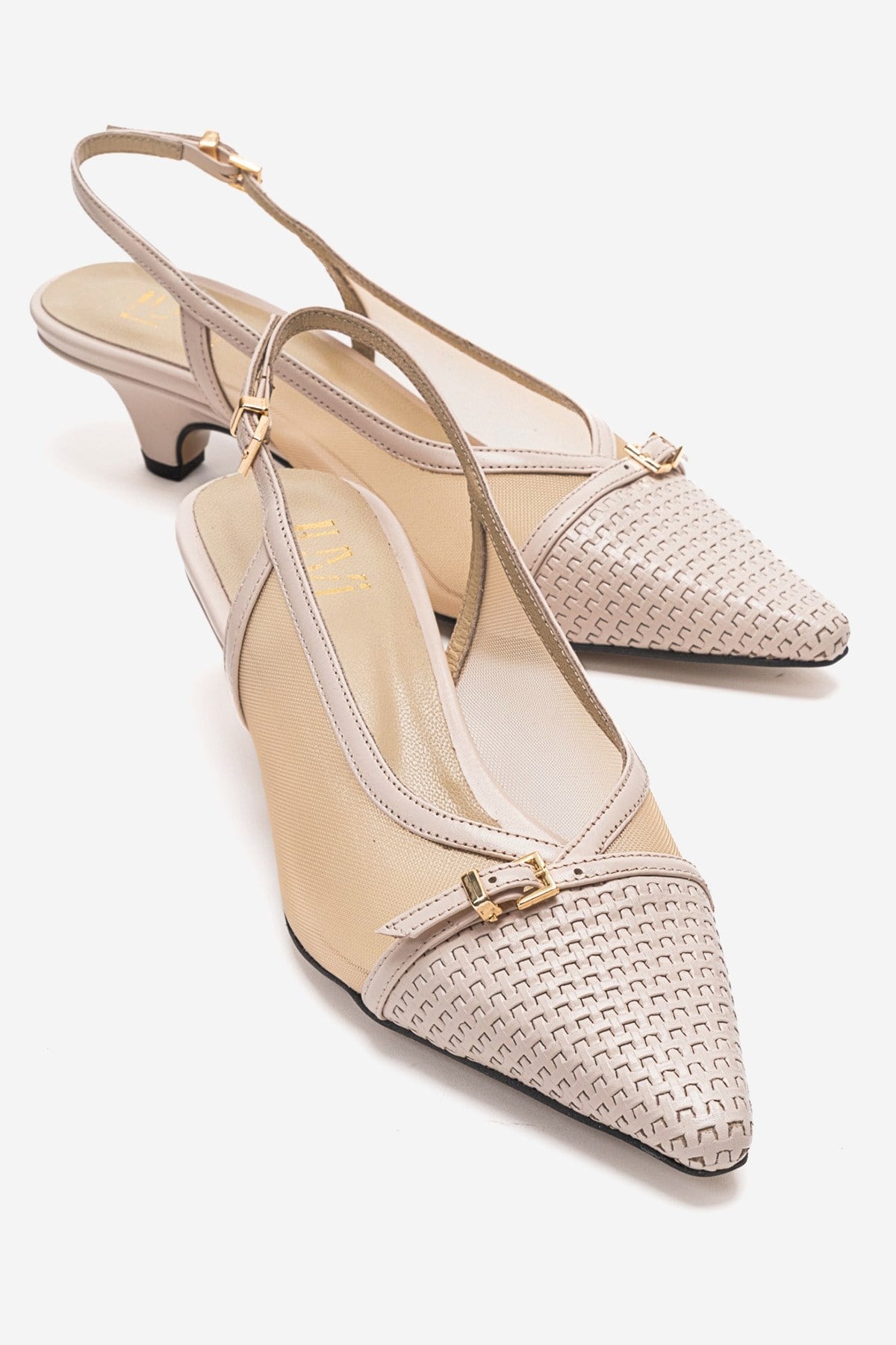 LAVIERA - Beige Genuine Leather Slingback Low Heel Pump – front three-quarter view showing leather, mesh, metallic…