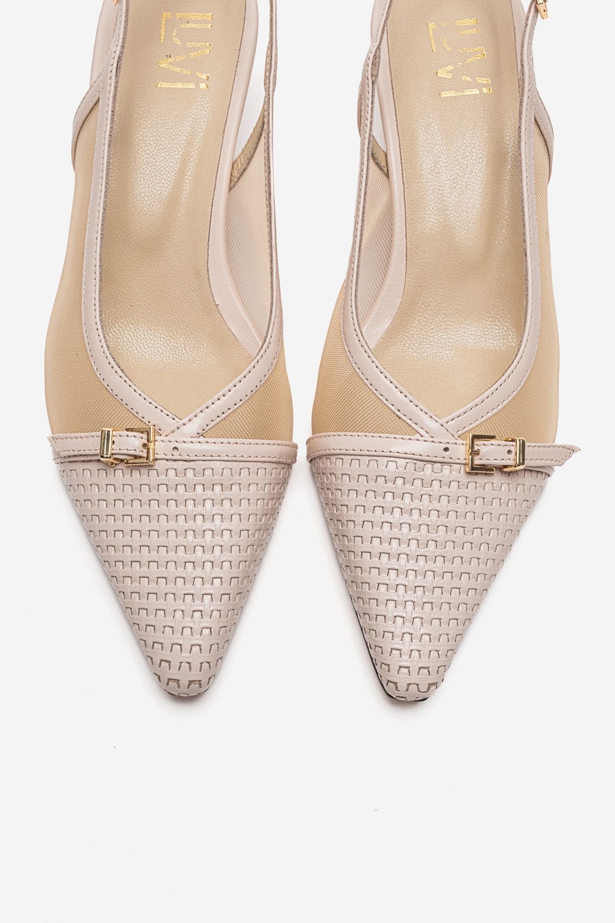 LAVIERA - Beige Genuine Leather Slingback Low Heel Pump – side view showing leather, mesh, metallic, Vowalisse