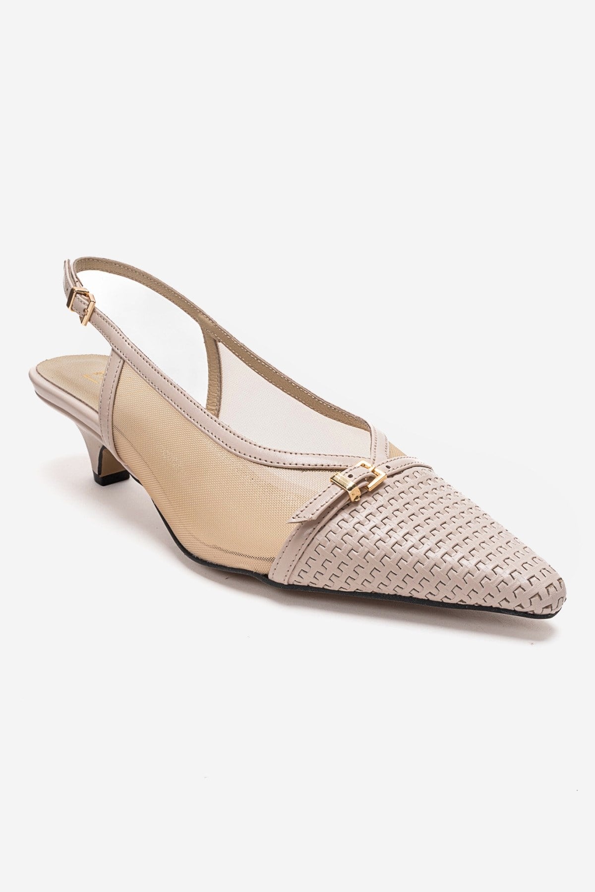 LAVIERA - Beige Genuine Leather Slingback Low Heel Pump – detail view showing leather, mesh, metallic, Vowalisse