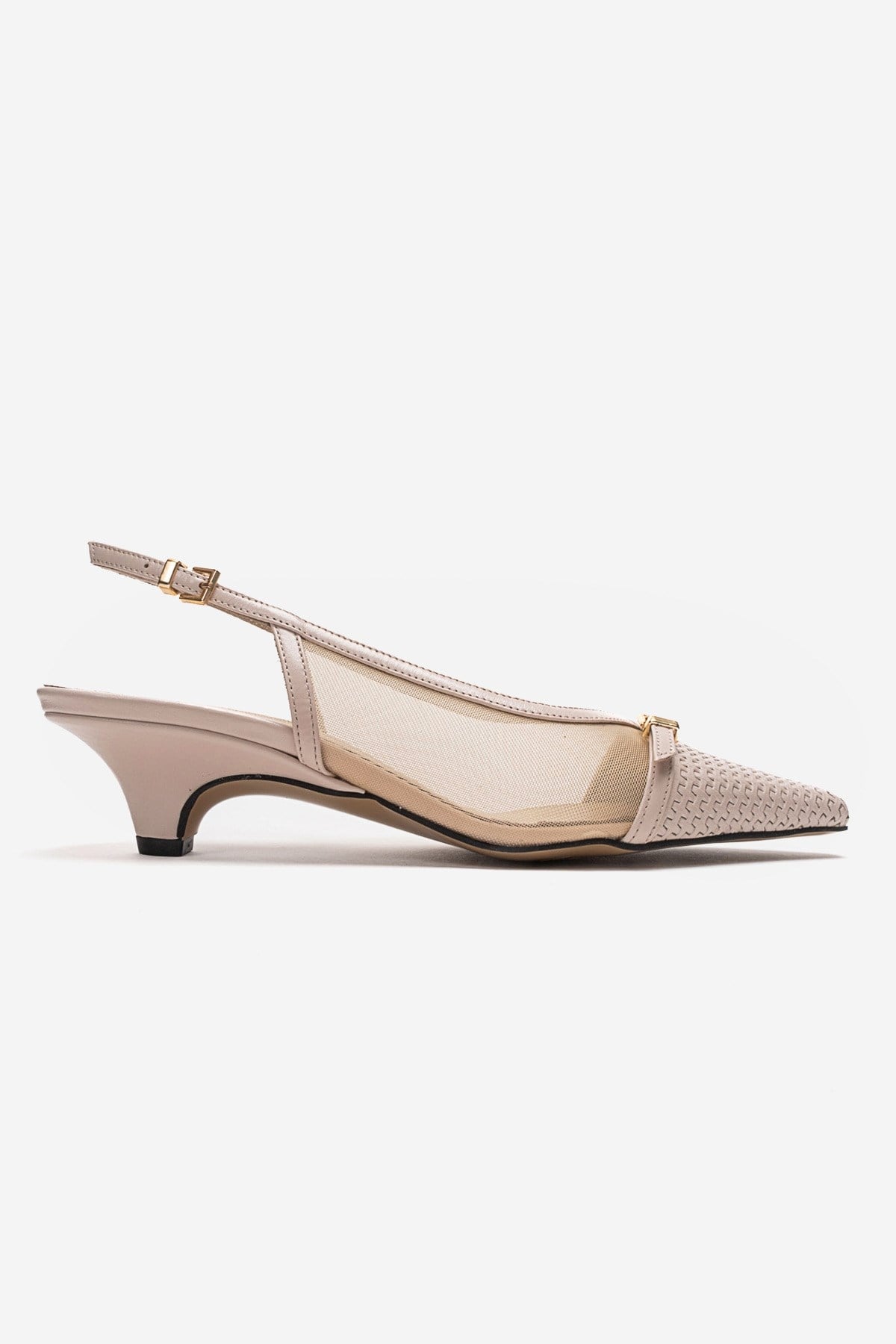 LAVIERA - Beige Genuine Leather Slingback Low Heel Pump – heel view showing leather, mesh, metallic, Vowalisse