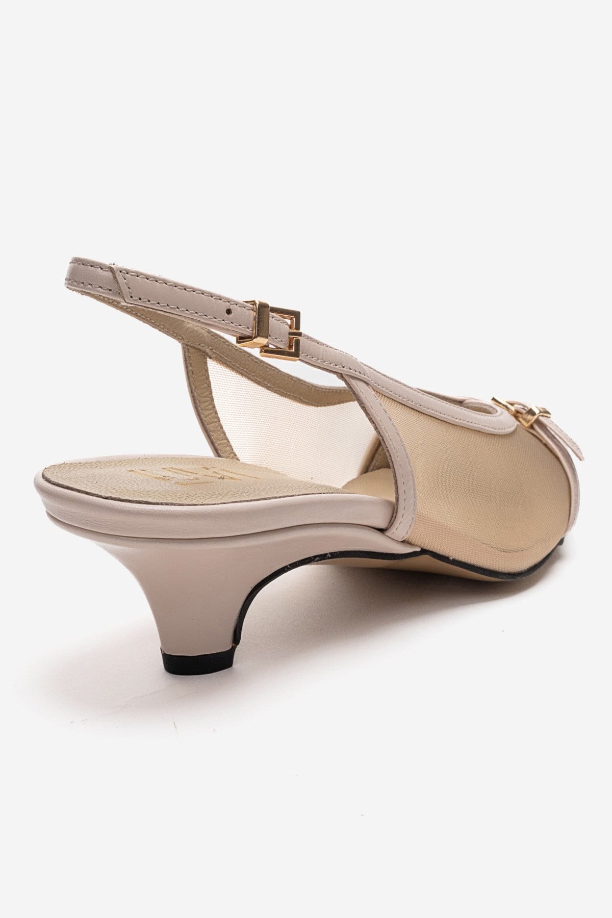 LAVIERA - Beige Genuine Leather Slingback Low Heel Pump – back view showing leather, mesh, metallic, Vowalisse