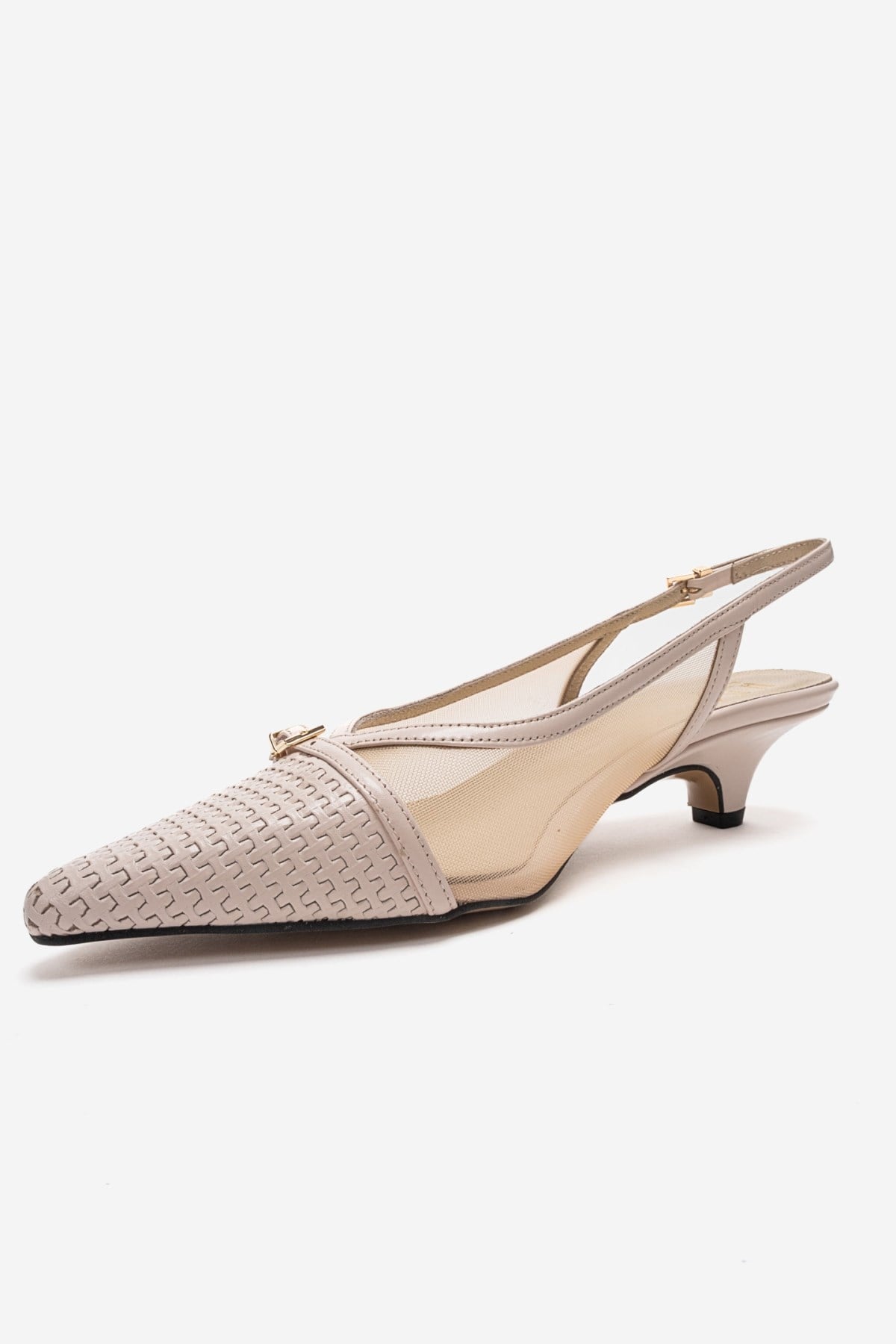 LAVIERA - Beige Genuine Leather Slingback Low Heel Pump – top view showing leather, mesh, metallic, Vowalisse