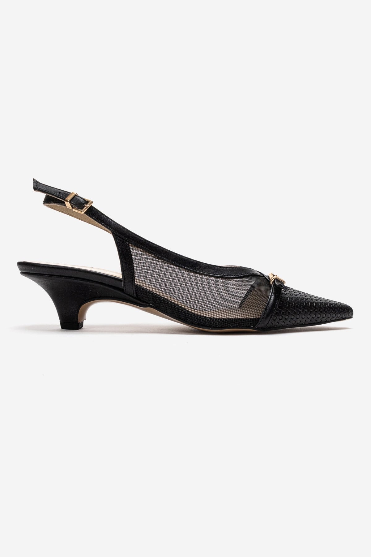 LAVIERA - Black Genuine Leather Slingback Low Heel Pump – heel view showing leather, mesh, metallic, Vowalisse