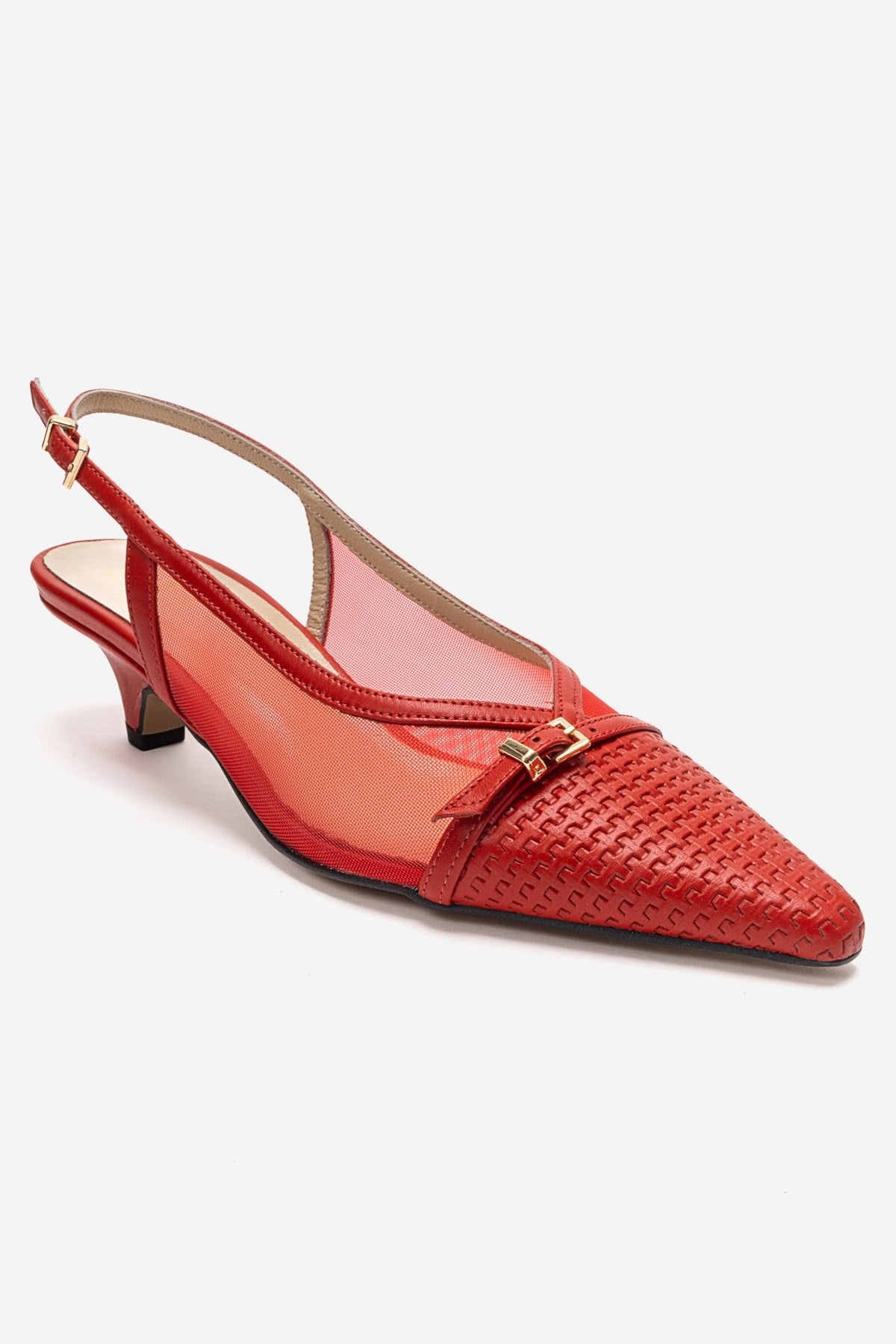 LAVIERA - Red Genuine Leather Slingback Low Heel Pump – detail view showing leather, mesh, metallic, Vowalisse