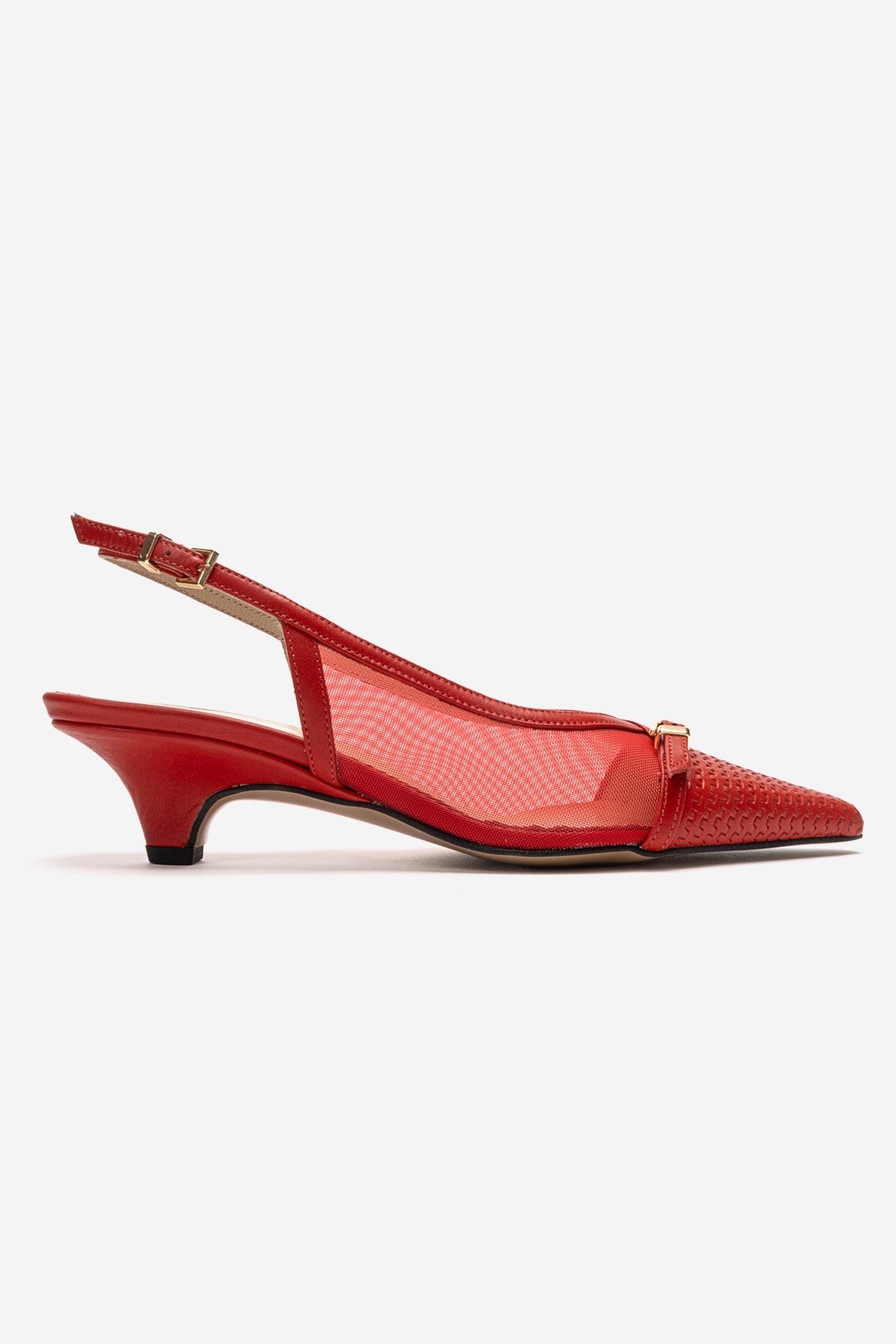 LAVIERA - Red Genuine Leather Slingback Low Heel Pump – heel view showing leather, mesh, metallic, Vowalisse