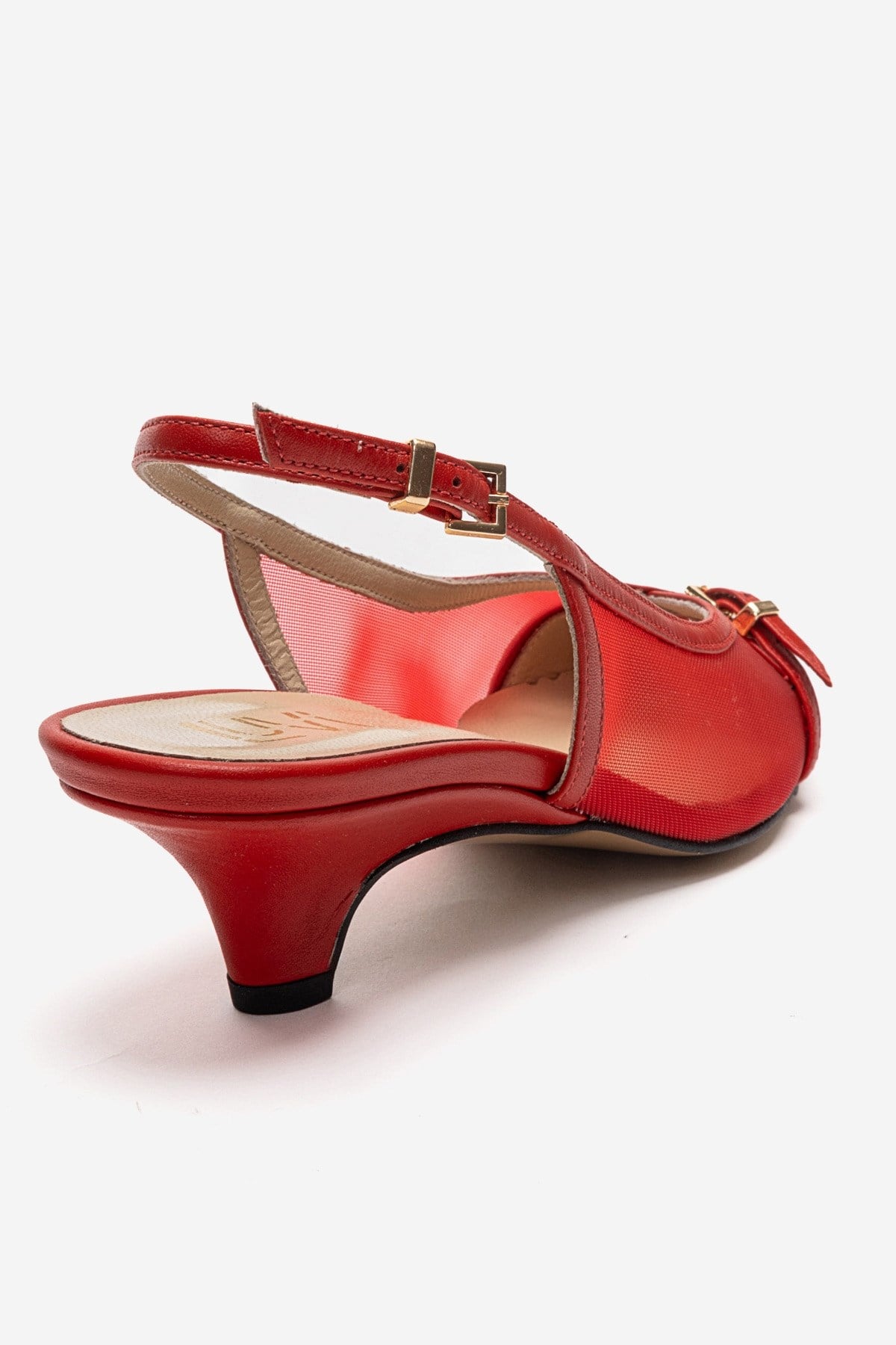 LAVIERA - Red Genuine Leather Slingback Low Heel Pump – back view showing leather, mesh, metallic, Vowalisse