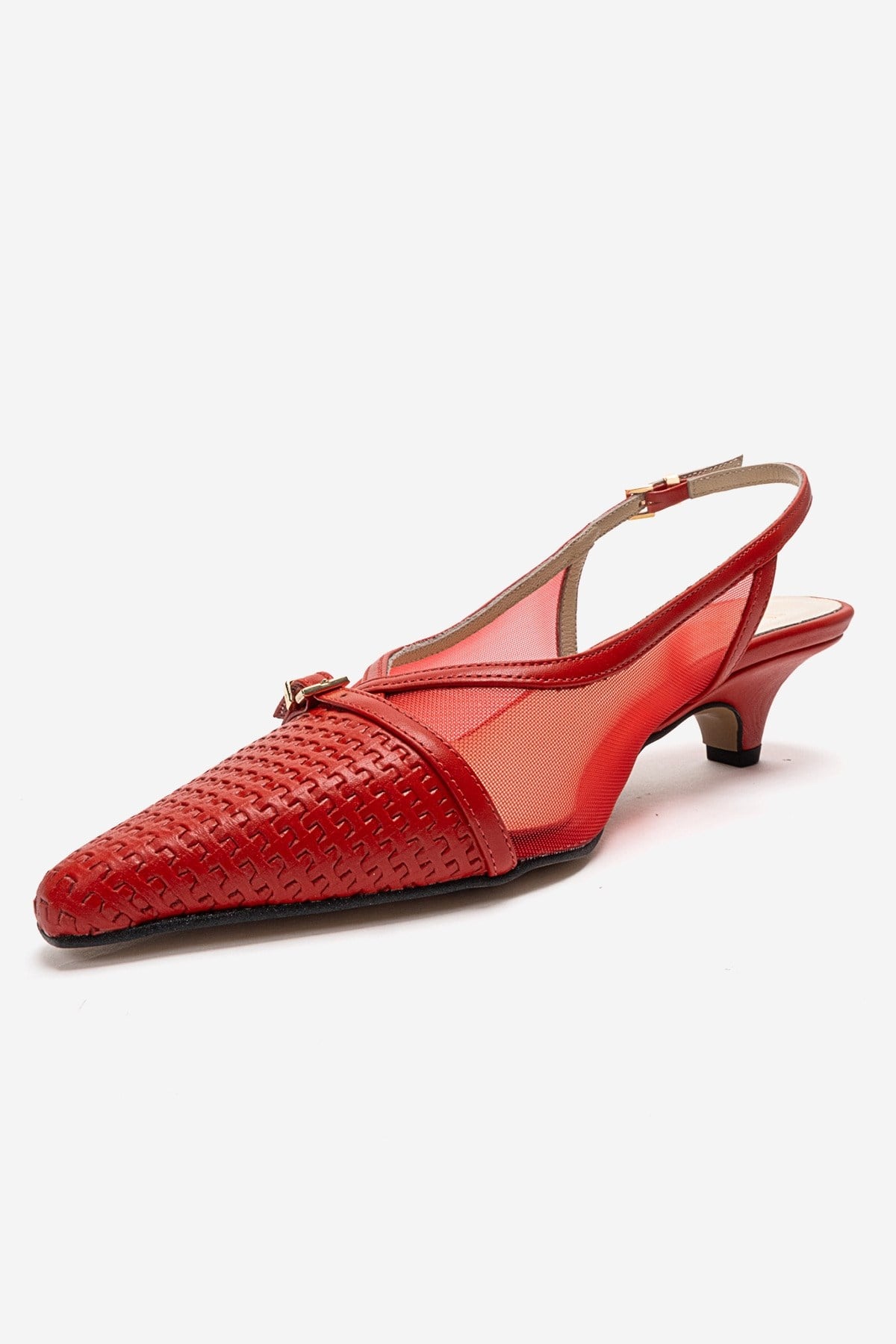 LAVIERA - Red Genuine Leather Slingback Low Heel Pump – top view showing leather, mesh, metallic, Vowalisse