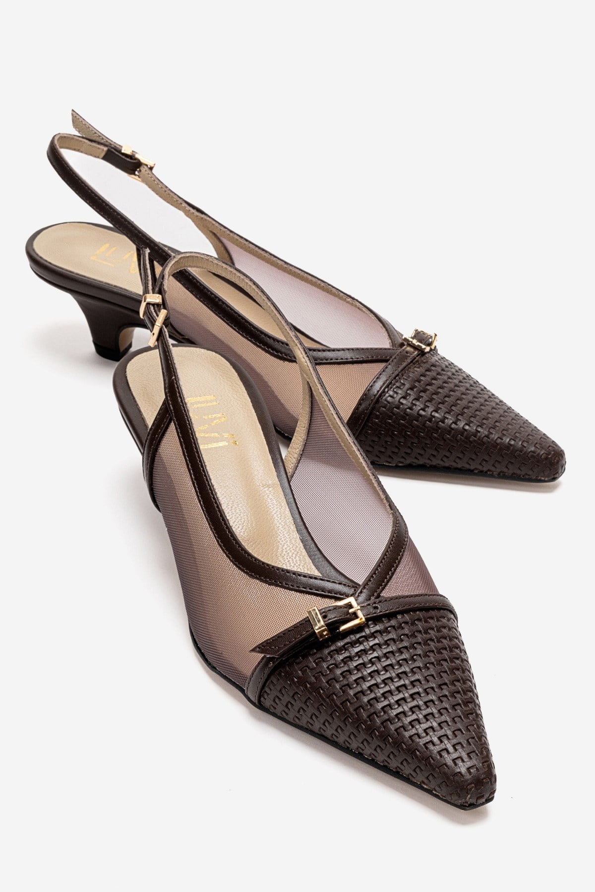 LAVIERA - Cognac Genuine Leather Slingback Low Heel Pump – front three-quarter view showing leather, mesh, metallic…
