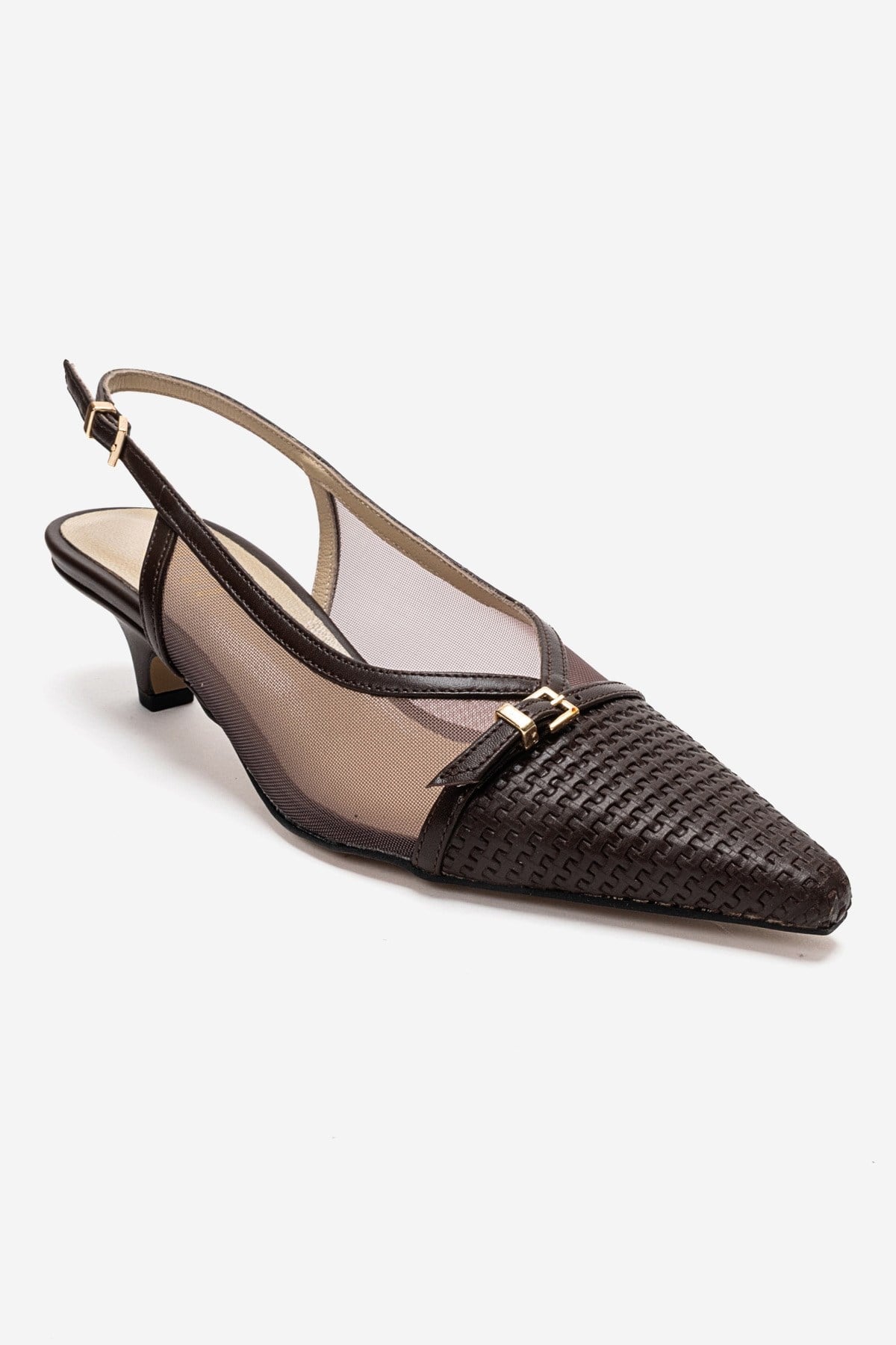 LAVIERA - Cognac Genuine Leather Slingback Low Heel Pump – detail view showing leather, mesh, metallic, Vowalisse