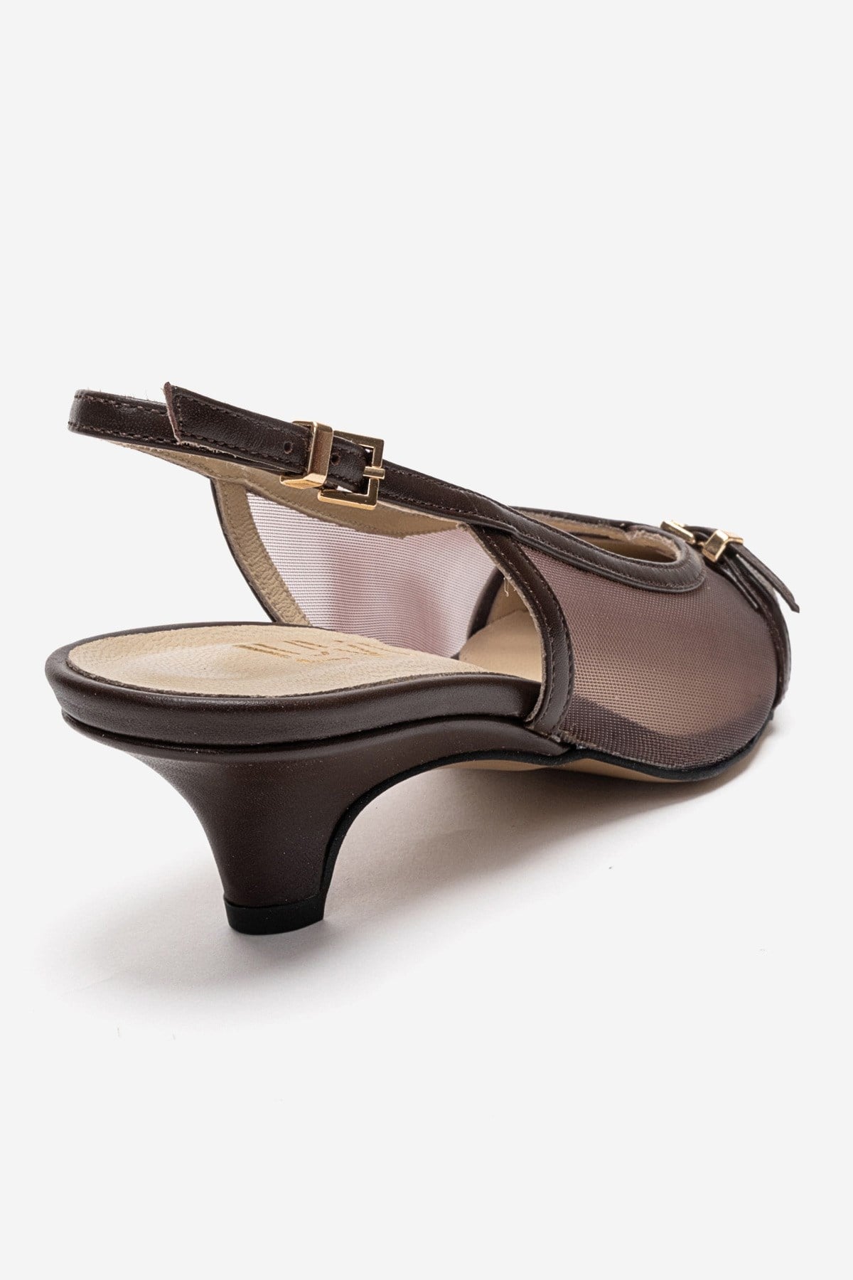 LAVIERA - Cognac Genuine Leather Slingback Low Heel Pump – back view showing leather, mesh, metallic, Vowalisse