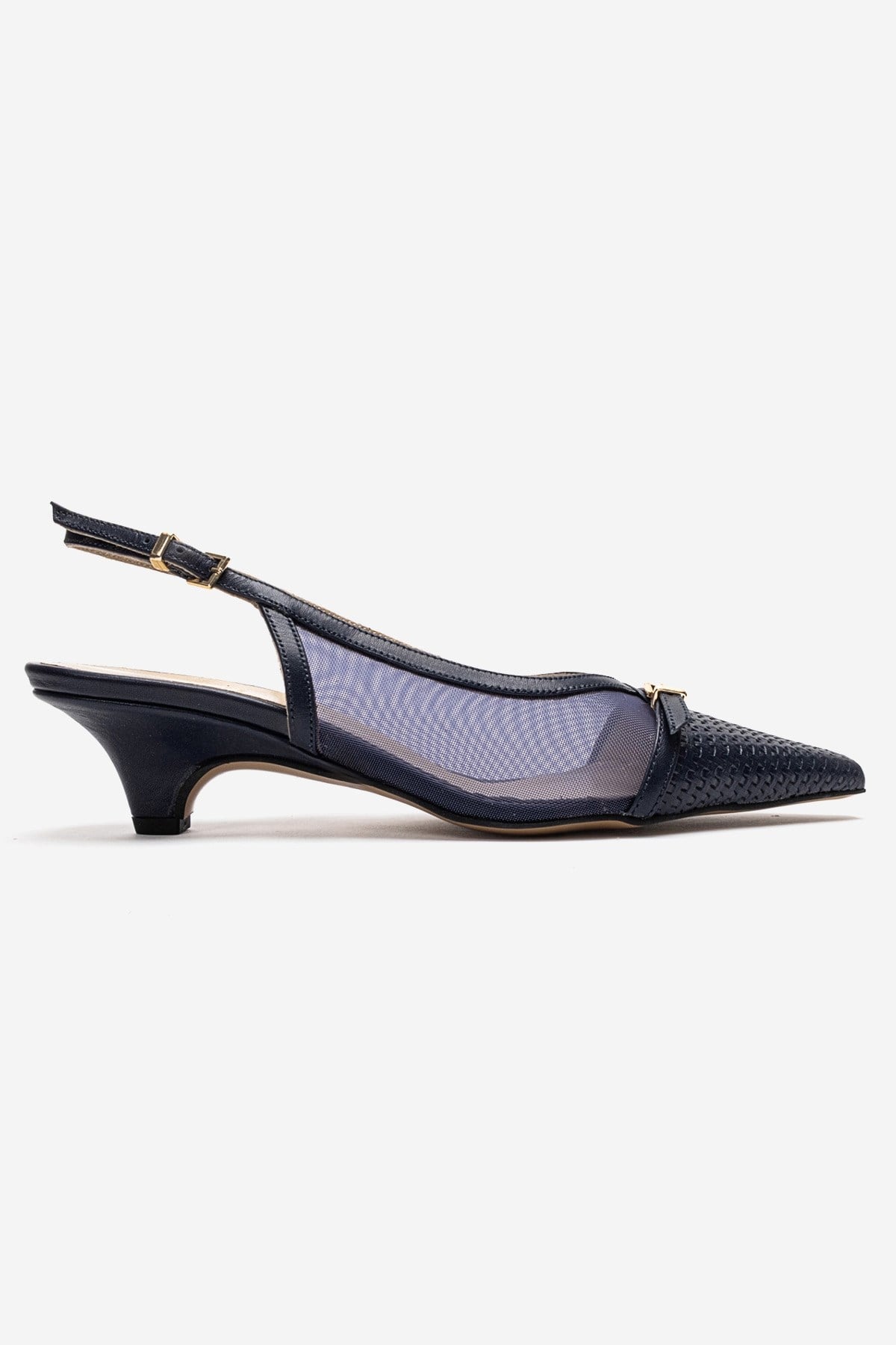 LAVIERA - Navy Genuine Leather Slingback Low Heel Pump – heel view showing leather, mesh, metallic, Vowalisse