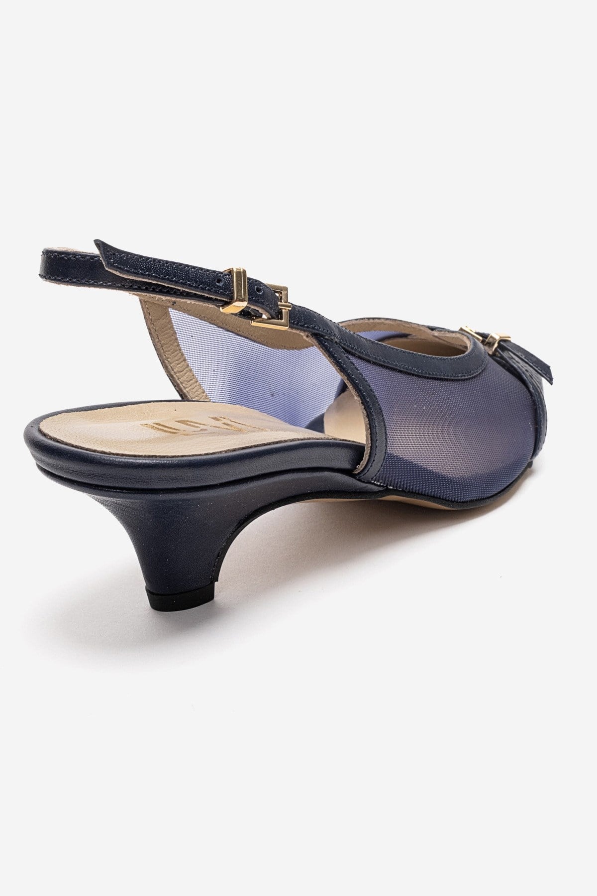 LAVIERA - Navy Genuine Leather Slingback Low Heel Pump – back view showing leather, mesh, metallic, Vowalisse