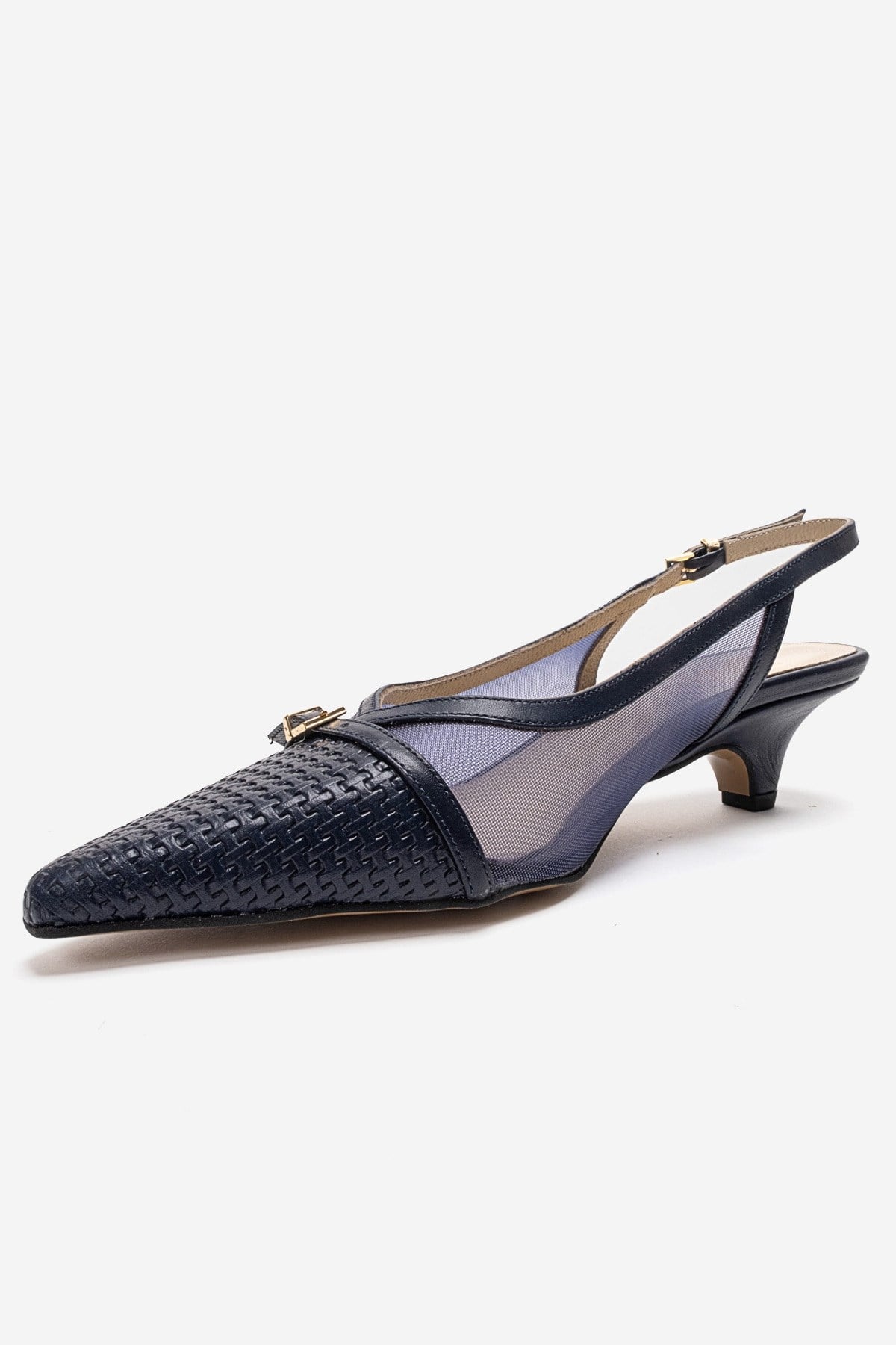 LAVIERA - Navy Genuine Leather Slingback Low Heel Pump – top view showing leather, mesh, metallic, Vowalisse