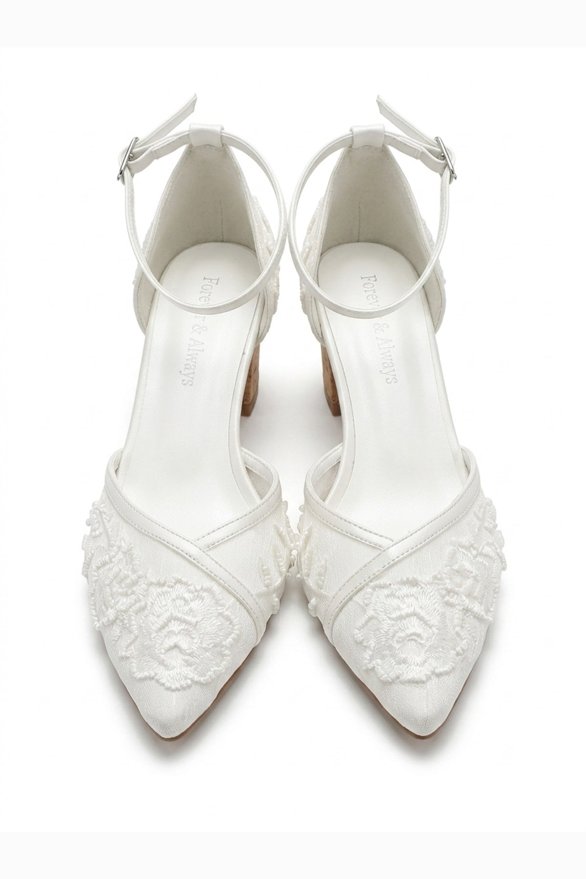 Viona Embroidered Lace Bridal Pumps – top view showing lace, mesh, red, Vowalisse