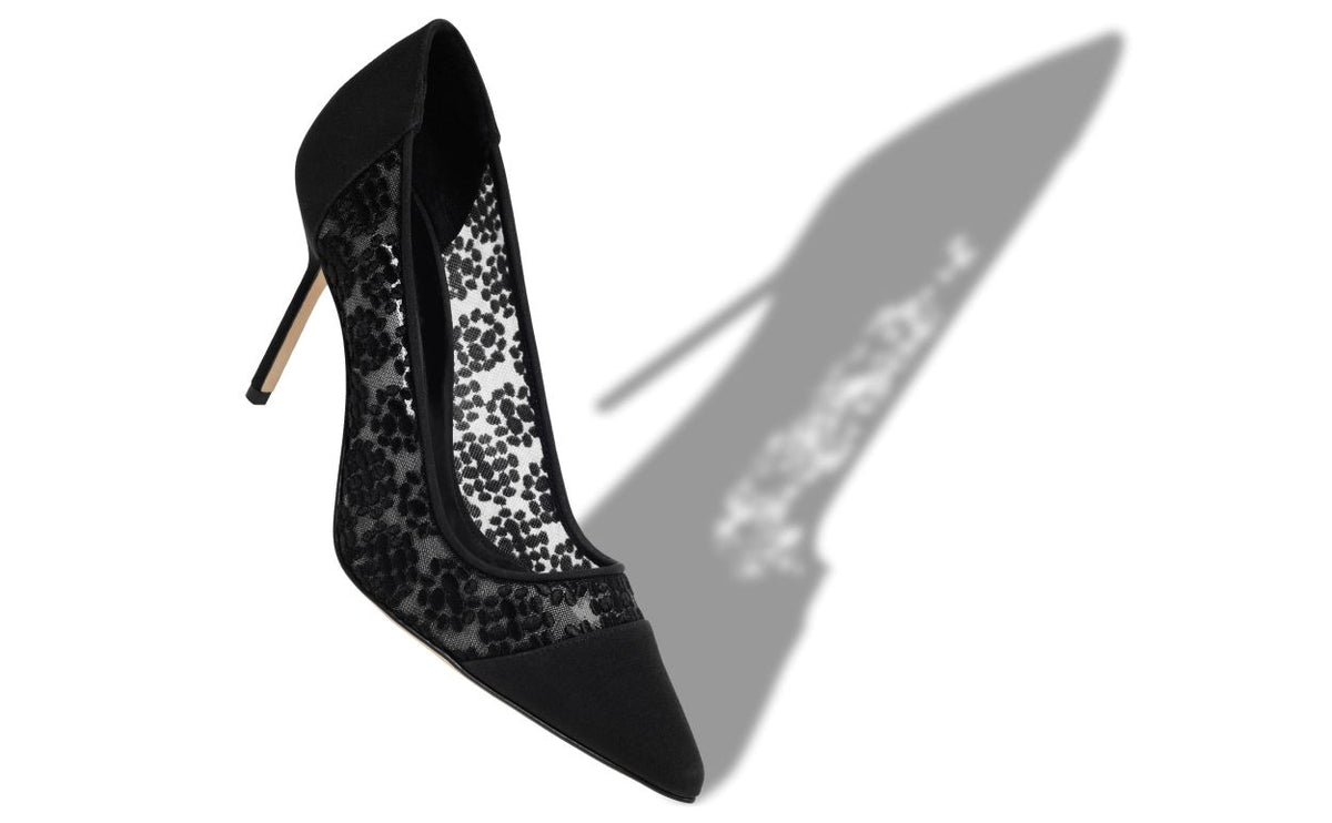 Fiorella Jewel Black Pointed Toe Pumps – front three-quarter view showing black pointed toe, lace, Vowalisse