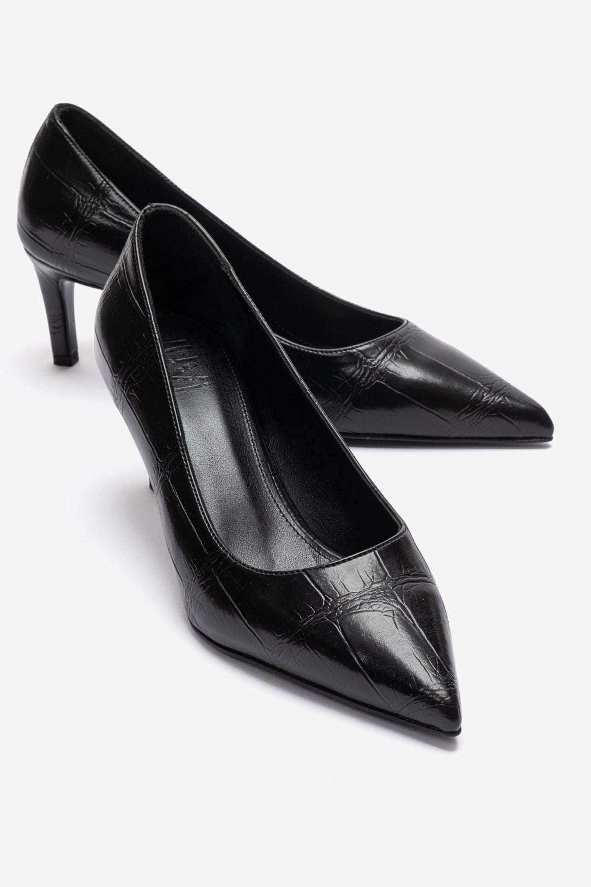 VELMIRA - Black Pointed Toe Pump – front three-quarter view showing leather, black, red, Vowalisse