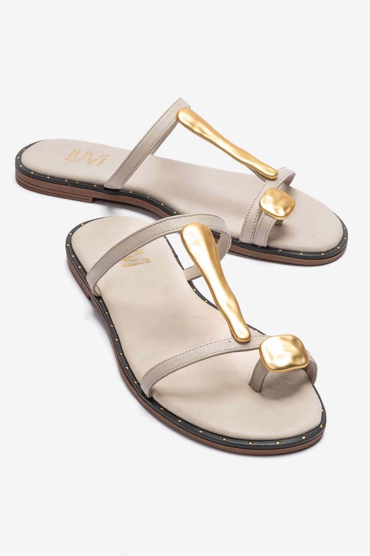 TESSA - Off-White Genuine Leather Thong Sandal – front three-quarter view showing leather, white, gold, Vowalisse