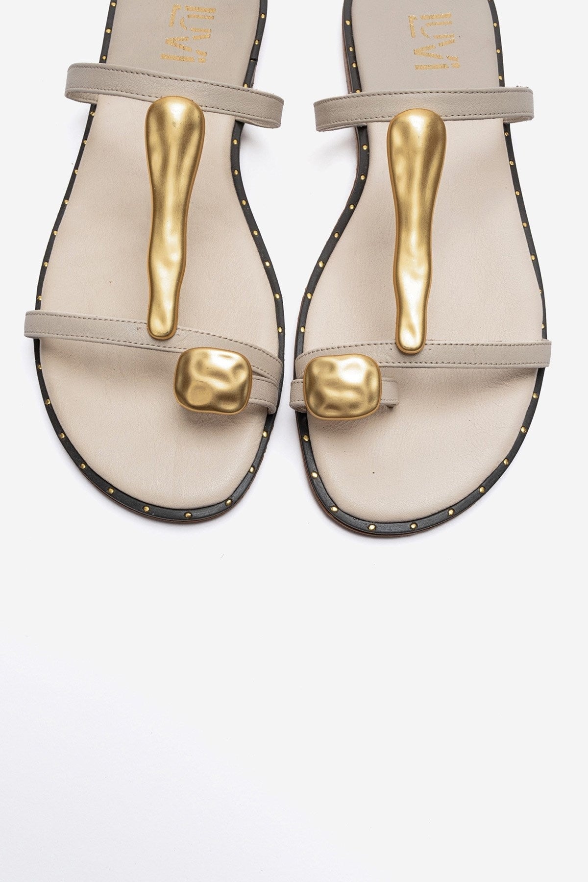 TESSA - Off-White Genuine Leather Thong Sandal – side view showing leather, white, gold, Vowalisse