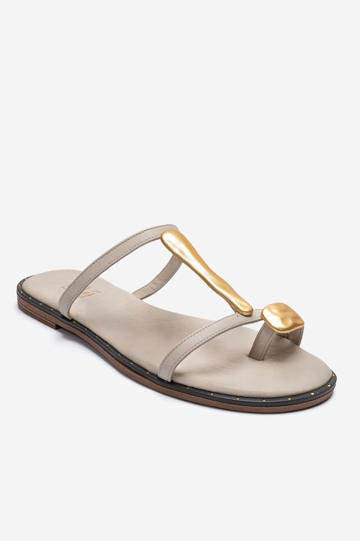 TESSA - Off-White Genuine Leather Thong Sandal – detail view showing leather, white, gold, Vowalisse