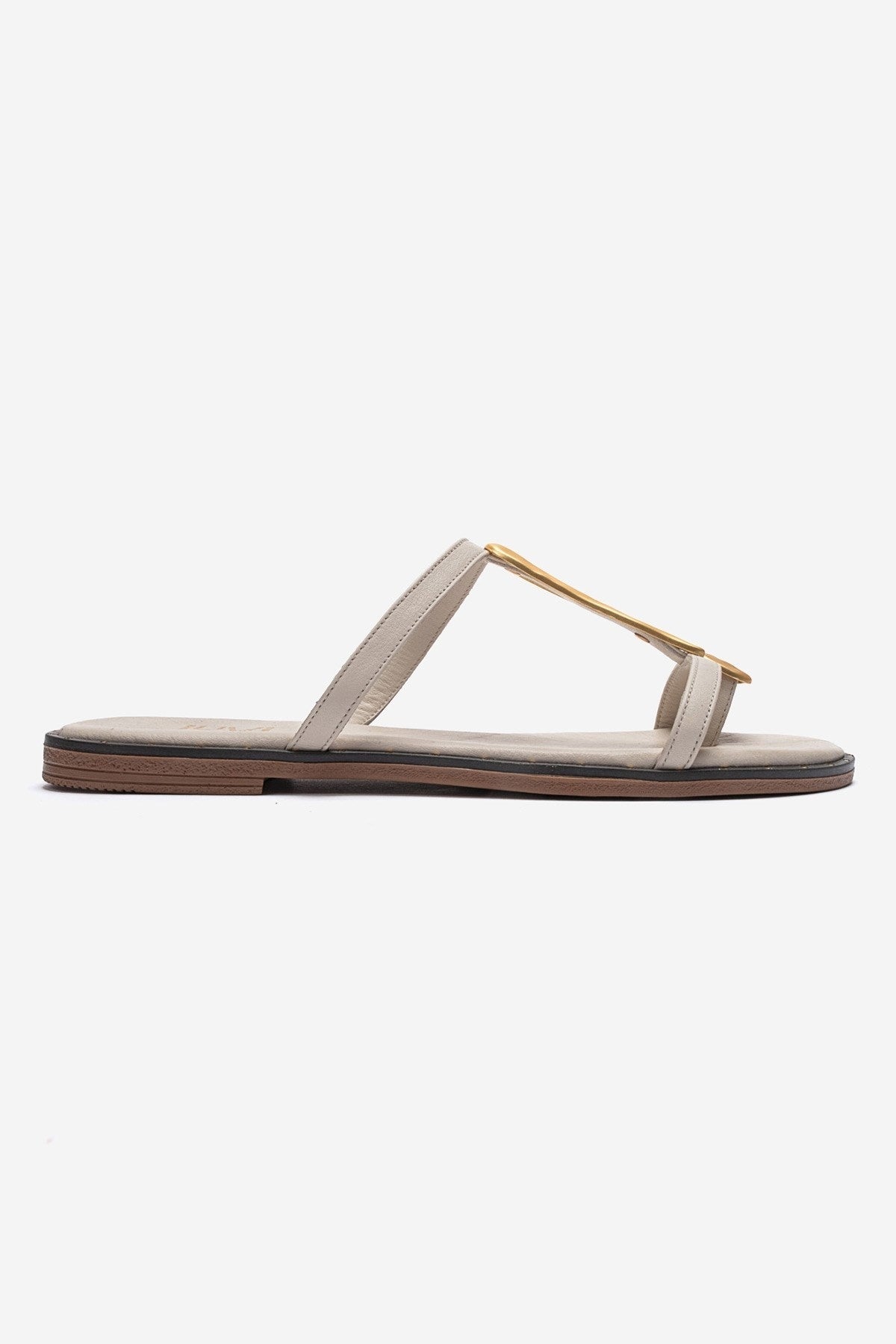 TESSA - Off-White Genuine Leather Thong Sandal – heel view showing leather, white, gold, Vowalisse