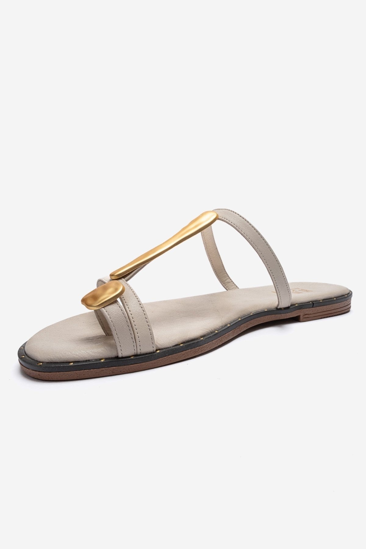 TESSA - Off-White Genuine Leather Thong Sandal – top view showing leather, white, gold, Vowalisse