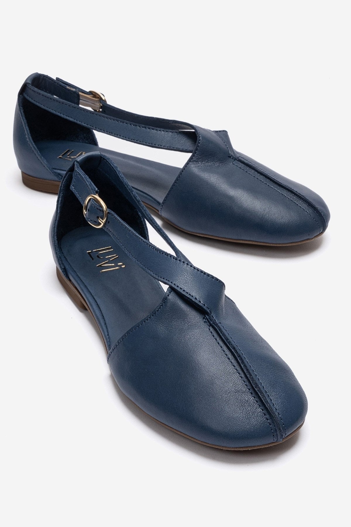 FABLE - Navy Genuine Leather Ballet Flat – front three-quarter view showing leather, Vowalisse