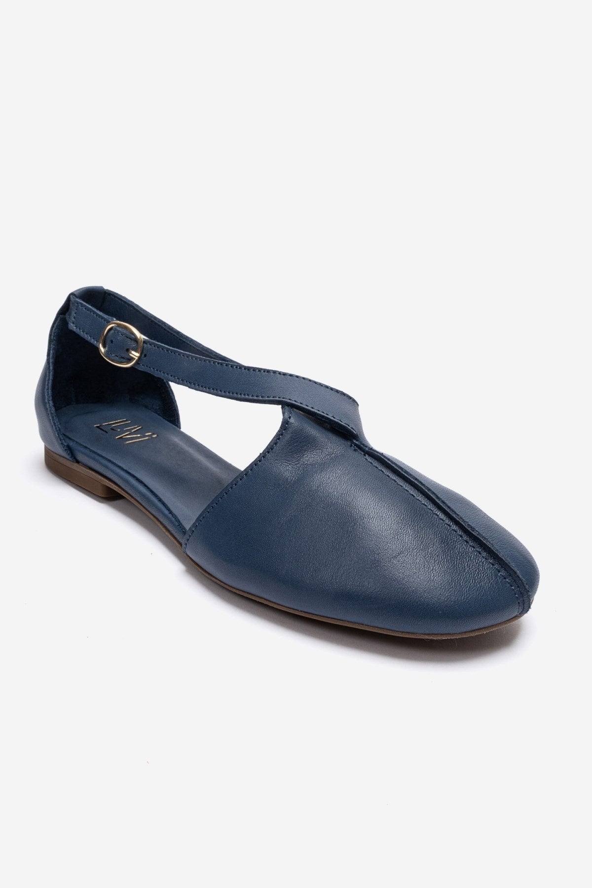 FABLE - Navy Genuine Leather Ballet Flat – detail view showing leather, Vowalisse