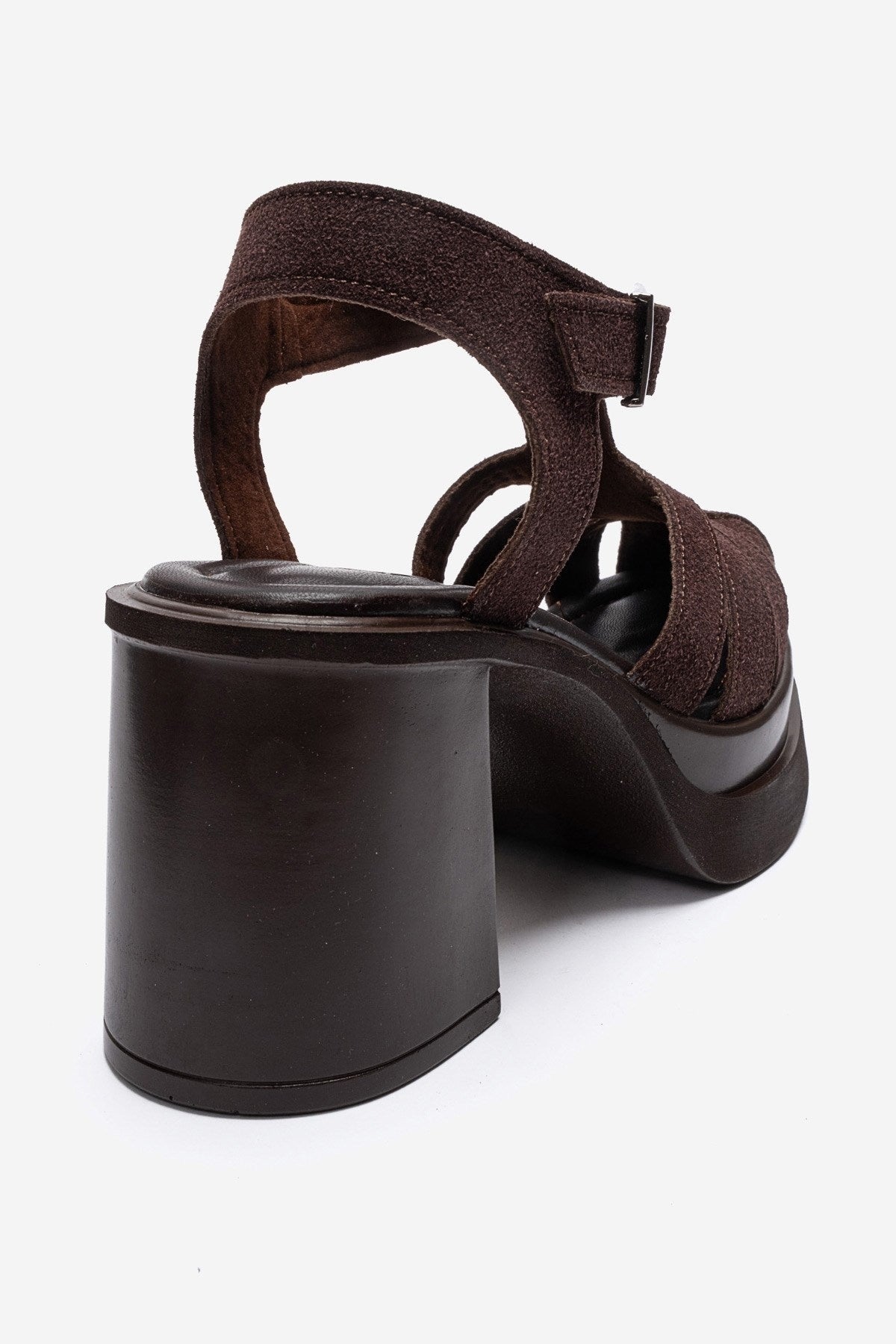 ROVENA - Brown Suede Platform Block Heel Sandal – back view showing leather, suede, Vowalisse
