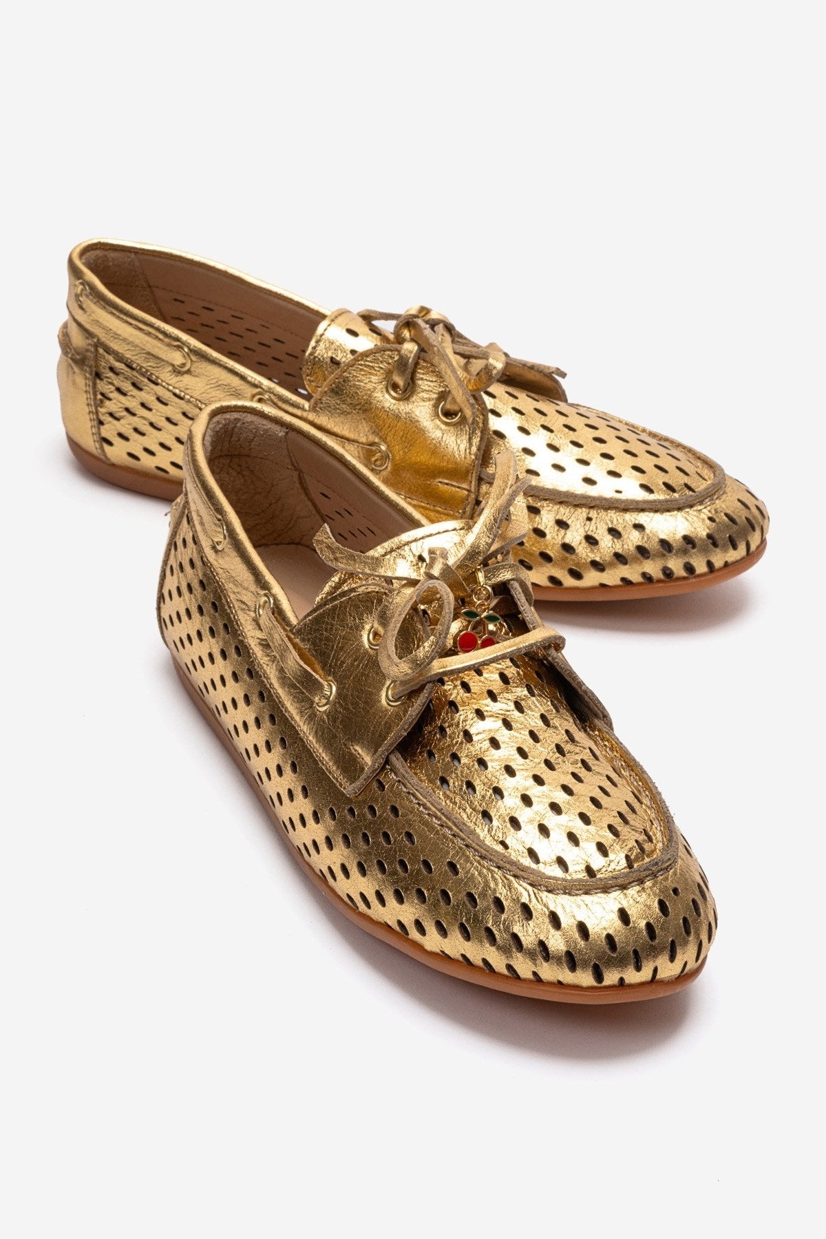 STEVO - Gold Genuine Leather Lace-Up Loafer – front three-quarter view showing lace, leather, gold, Vowalisse
