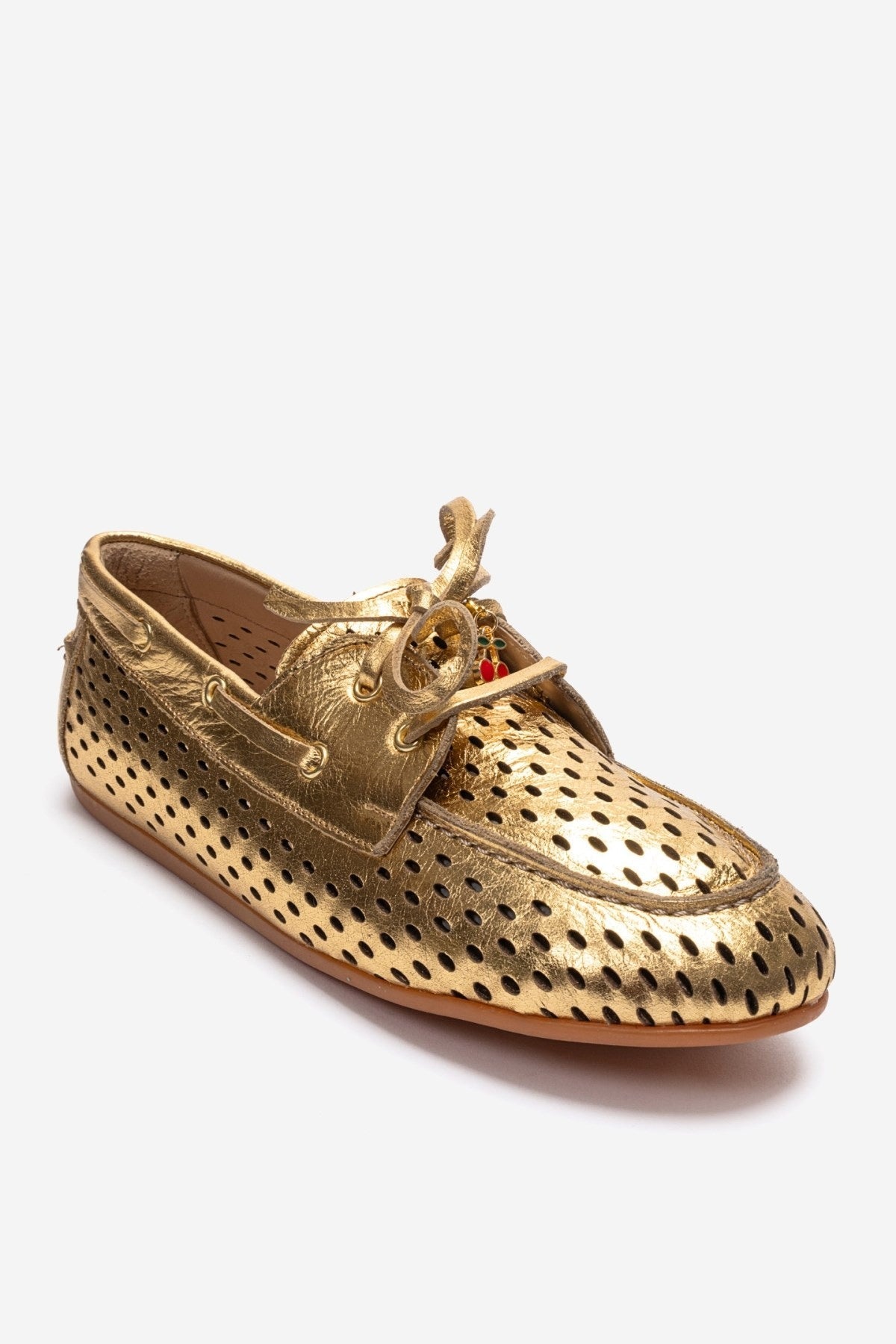 STEVO - Gold Genuine Leather Lace-Up Loafer – detail view showing lace, leather, gold, Vowalisse