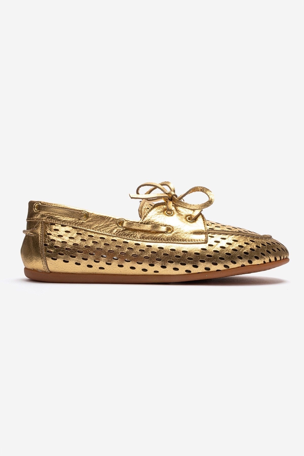 STEVO - Gold Genuine Leather Lace-Up Loafer – heel view showing lace, leather, gold, Vowalisse