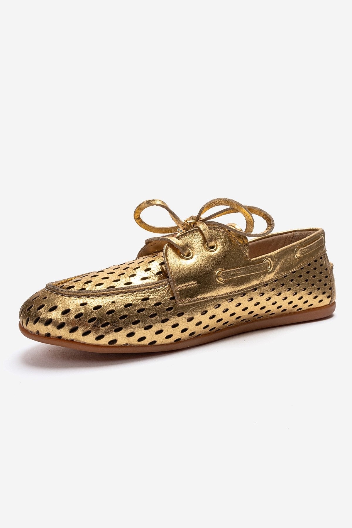 STEVO - Gold Genuine Leather Lace-Up Loafer – top view showing lace, leather, gold, Vowalisse