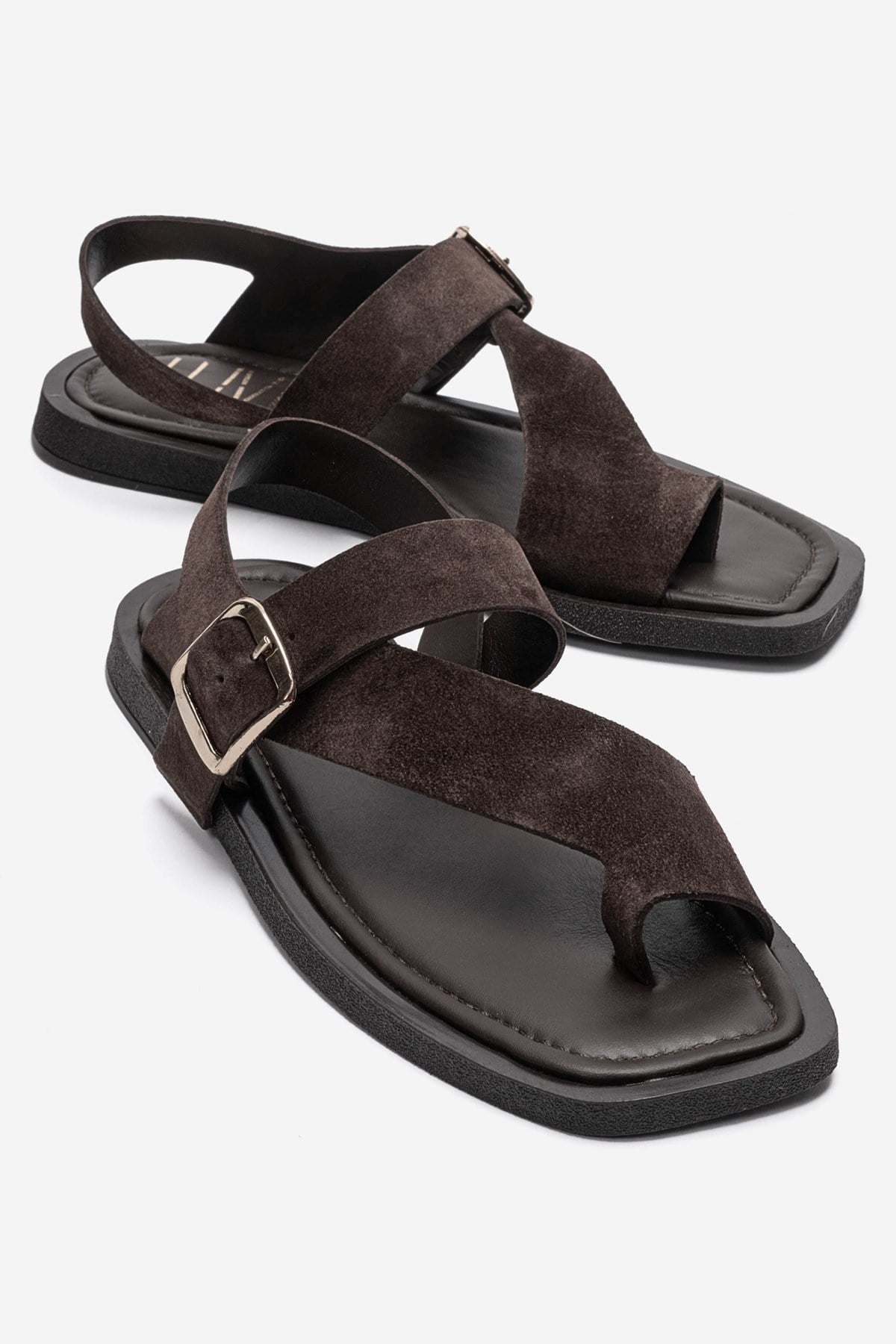 Curry - Brown Genuine Leather Toe-Post Sandal – front three-quarter view showing leather, suede, Vowalisse