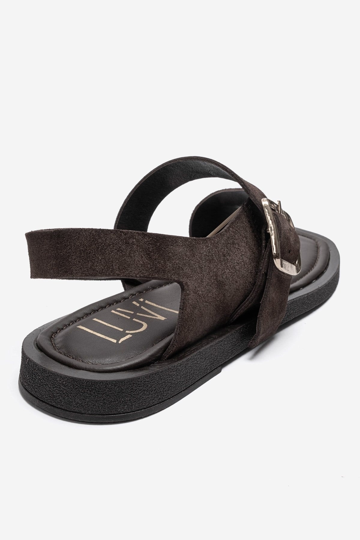 Curry - Brown Genuine Leather Toe-Post Sandal – back view showing leather, suede, Vowalisse