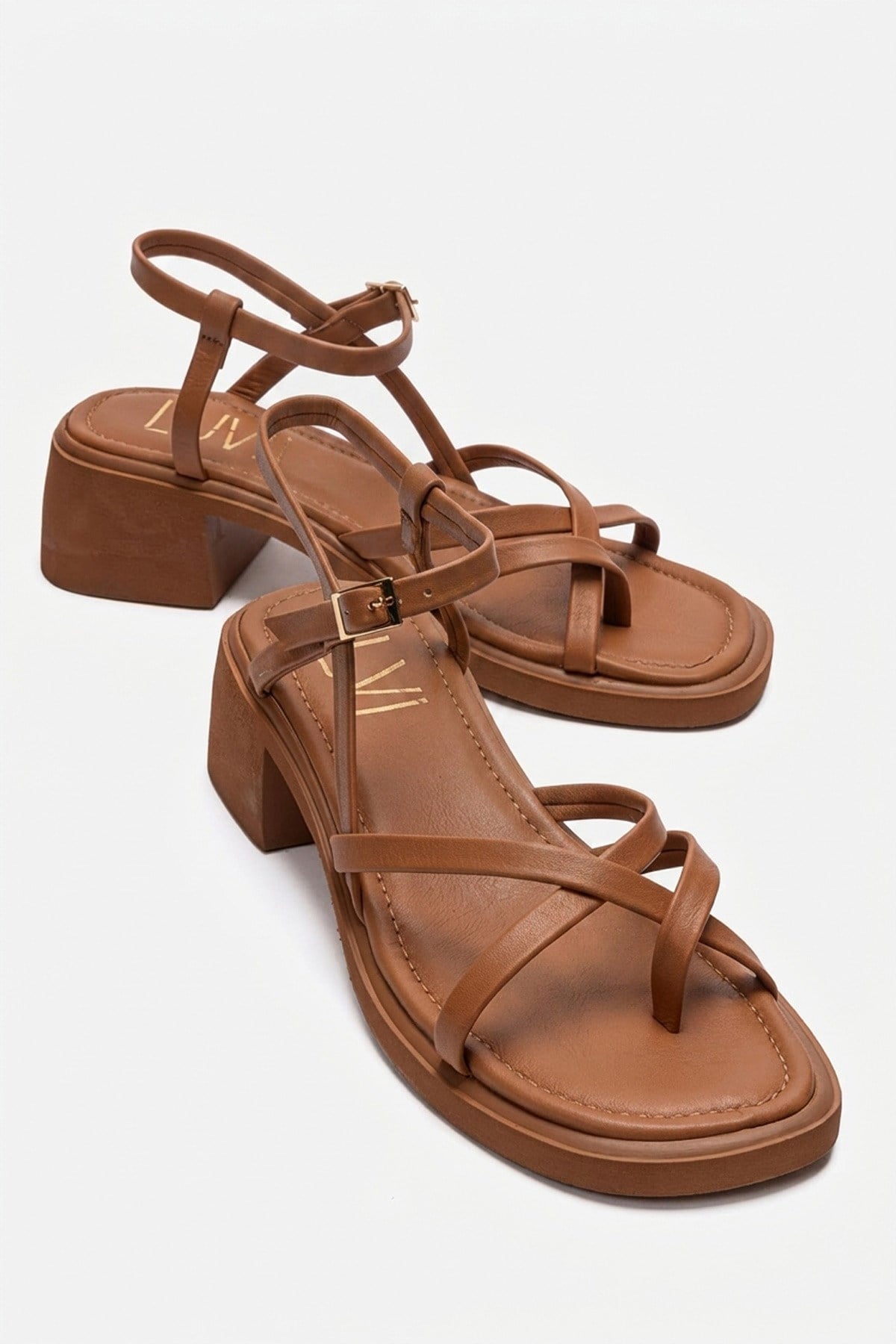 Cirelle - Cognac Genuine Leather Toe-Post Block Heel Sandal – front three-quarter view showing leather, red, Vowalisse