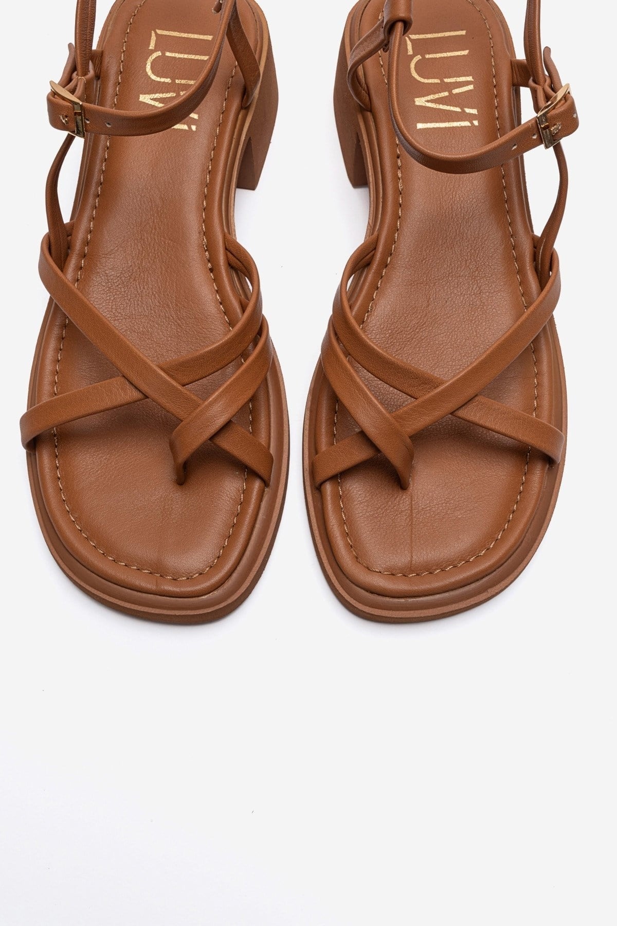Cirelle - Cognac Genuine Leather Toe-Post Block Heel Sandal – side view showing leather, red, Vowalisse