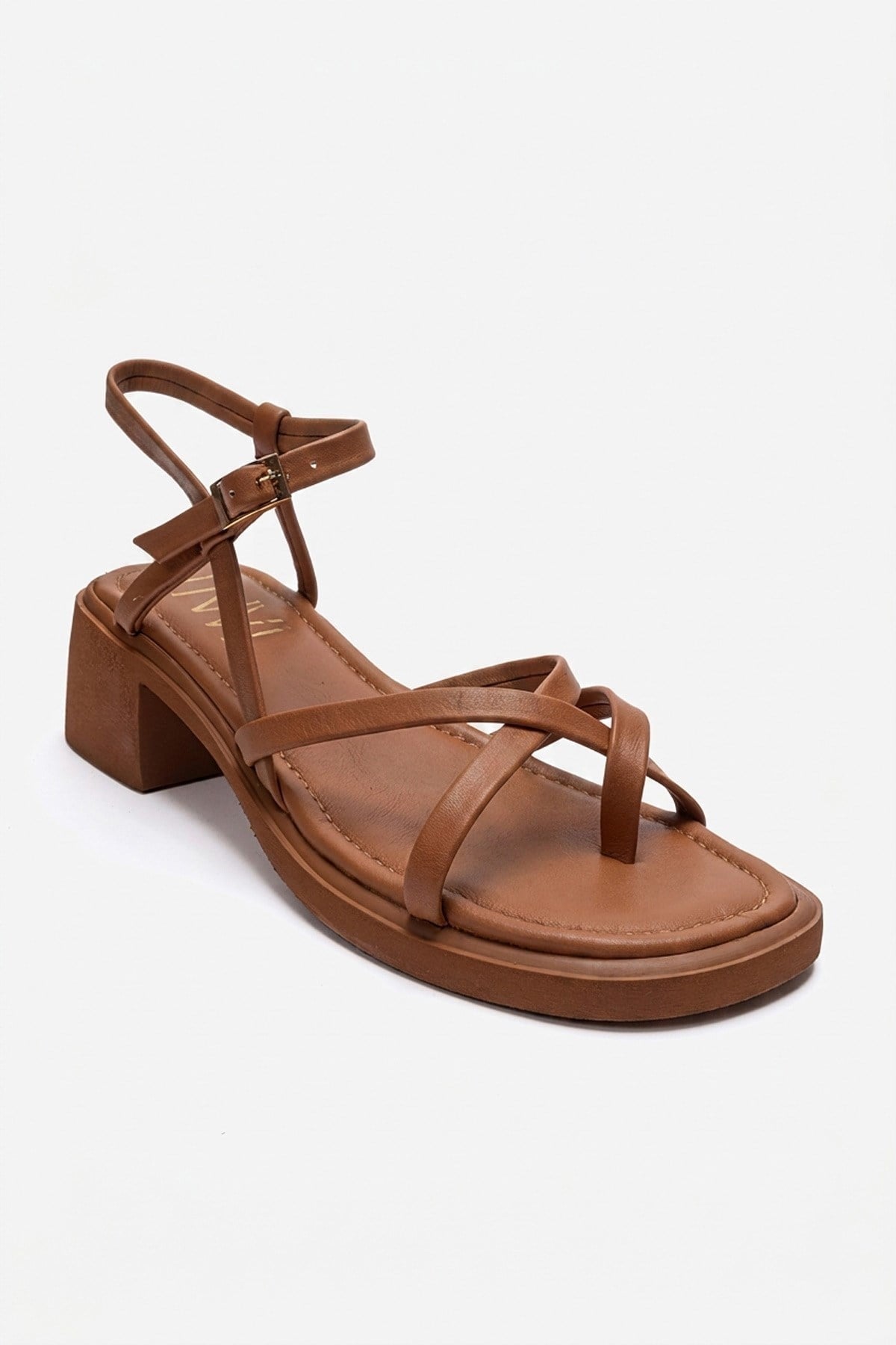 Cirelle - Cognac Genuine Leather Toe-Post Block Heel Sandal – detail view showing leather, red, Vowalisse