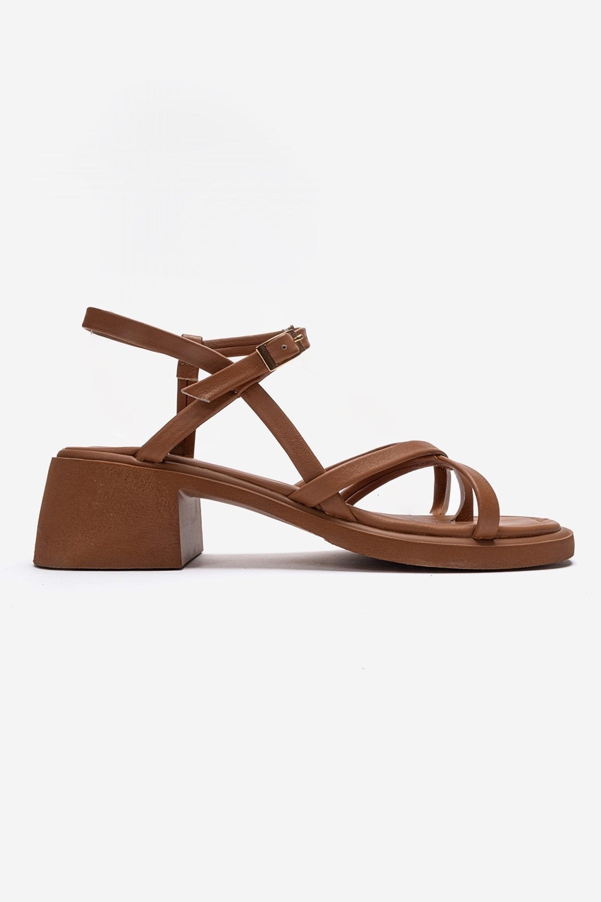 Cirelle - Cognac Genuine Leather Toe-Post Block Heel Sandal – heel view showing leather, red, Vowalisse