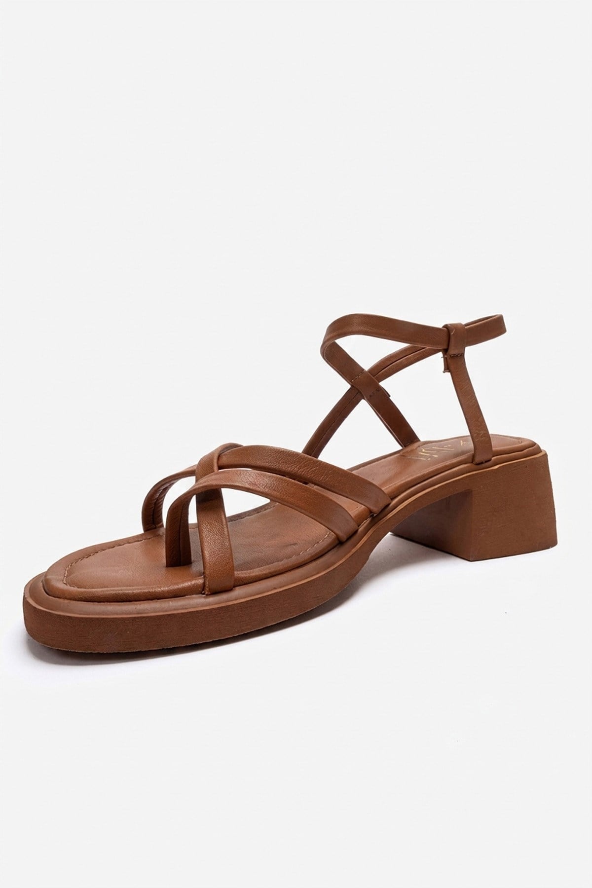 Cirelle - Cognac Genuine Leather Toe-Post Block Heel Sandal – top view showing leather, red, Vowalisse