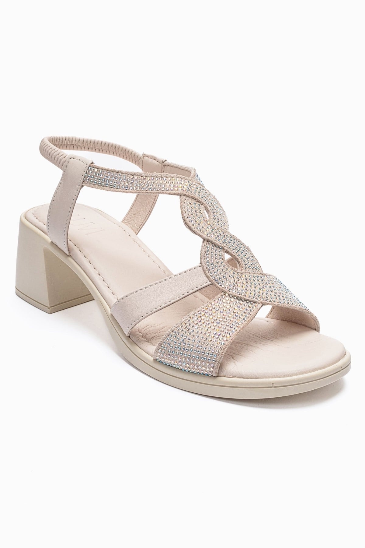Dolen - Off-White Genuine Leather Block Heel Sandal – detail view showing leather, white, Vowalisse